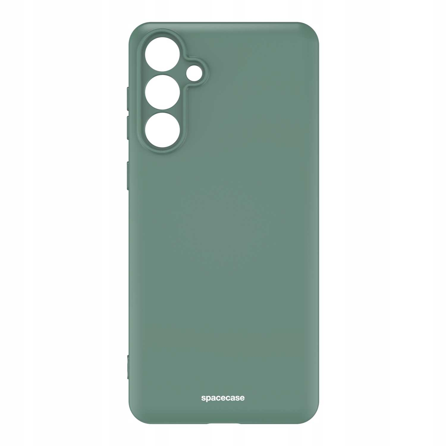 Zielone etui na telefon z zaokrąglonymi rogami, wycięciami na aparat i słowem 'spacecase' wydrukowanym na dole.