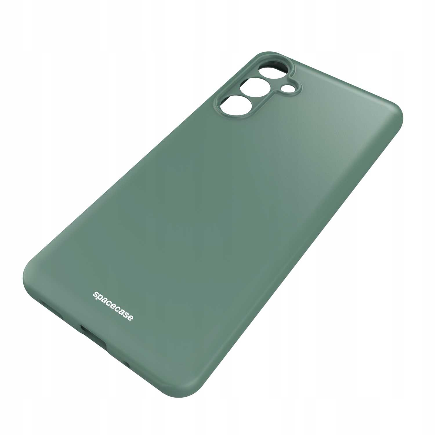 Nachylone zielone etui na telefon z zaokrąglonymi rogami, wycięciami na aparat i słowem 'spacecase' wydrukowanym na dole.