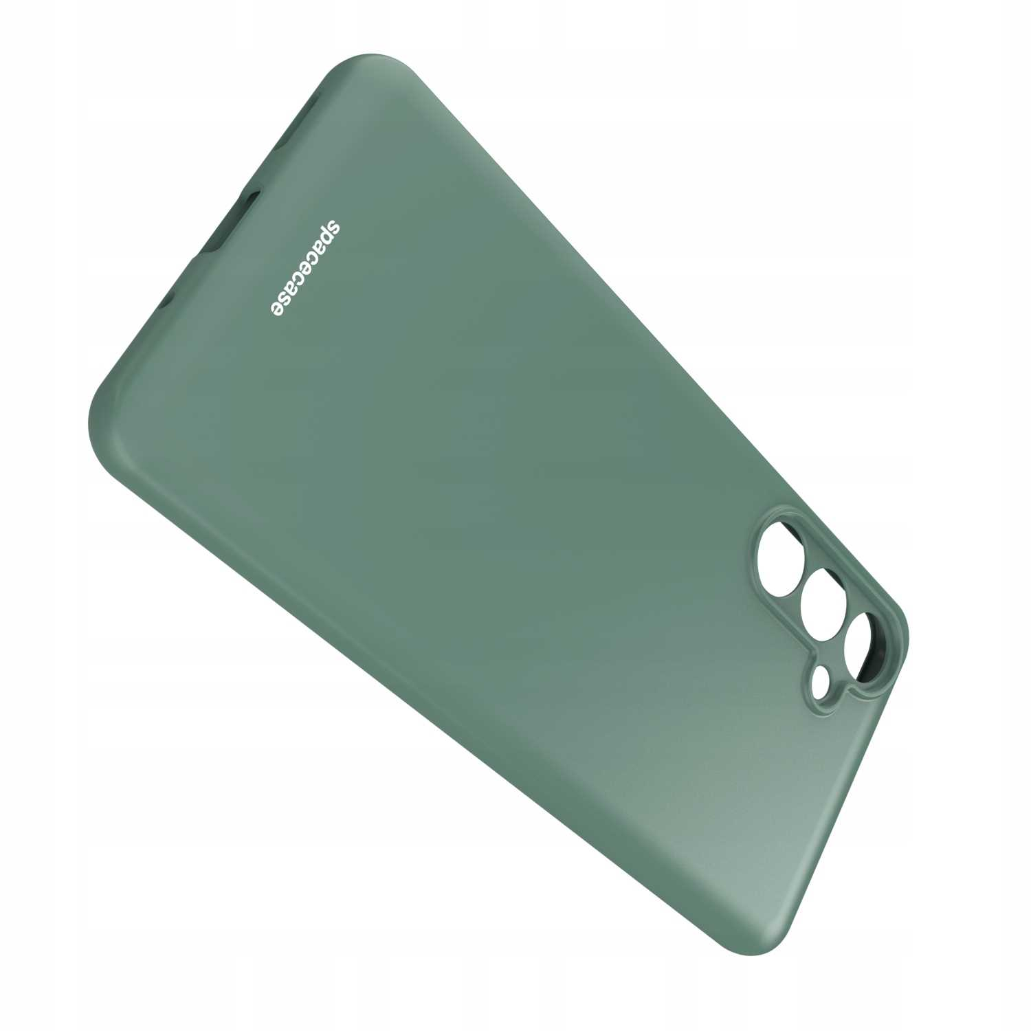 Nachylone zielone etui na telefon, pokazujące wycięcia na aparat i markę 'spacecase' wydrukowaną z boku.