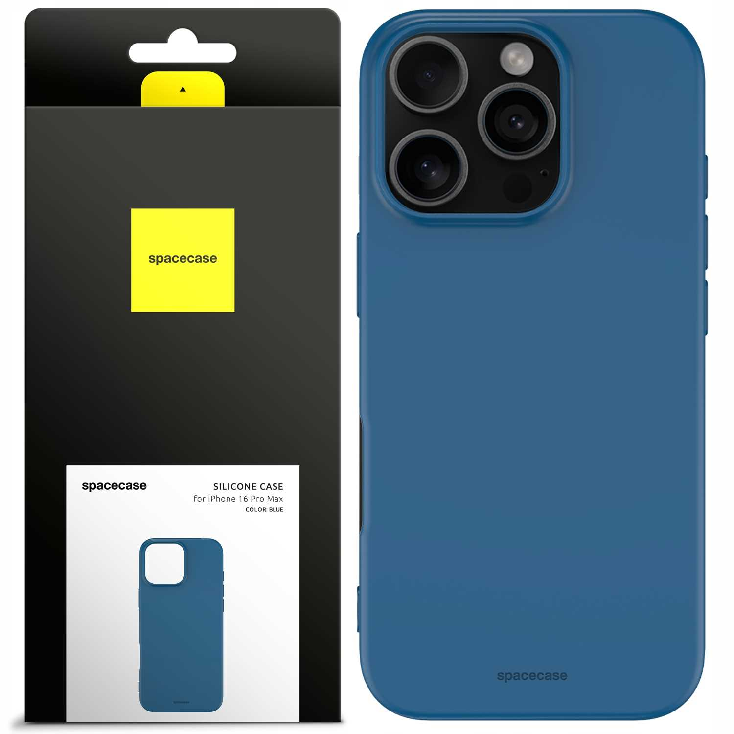 Niebieskie etui na telefon obok opakowania, oba z logo 'spacecase'. Etui ma wycięcia na aparat.