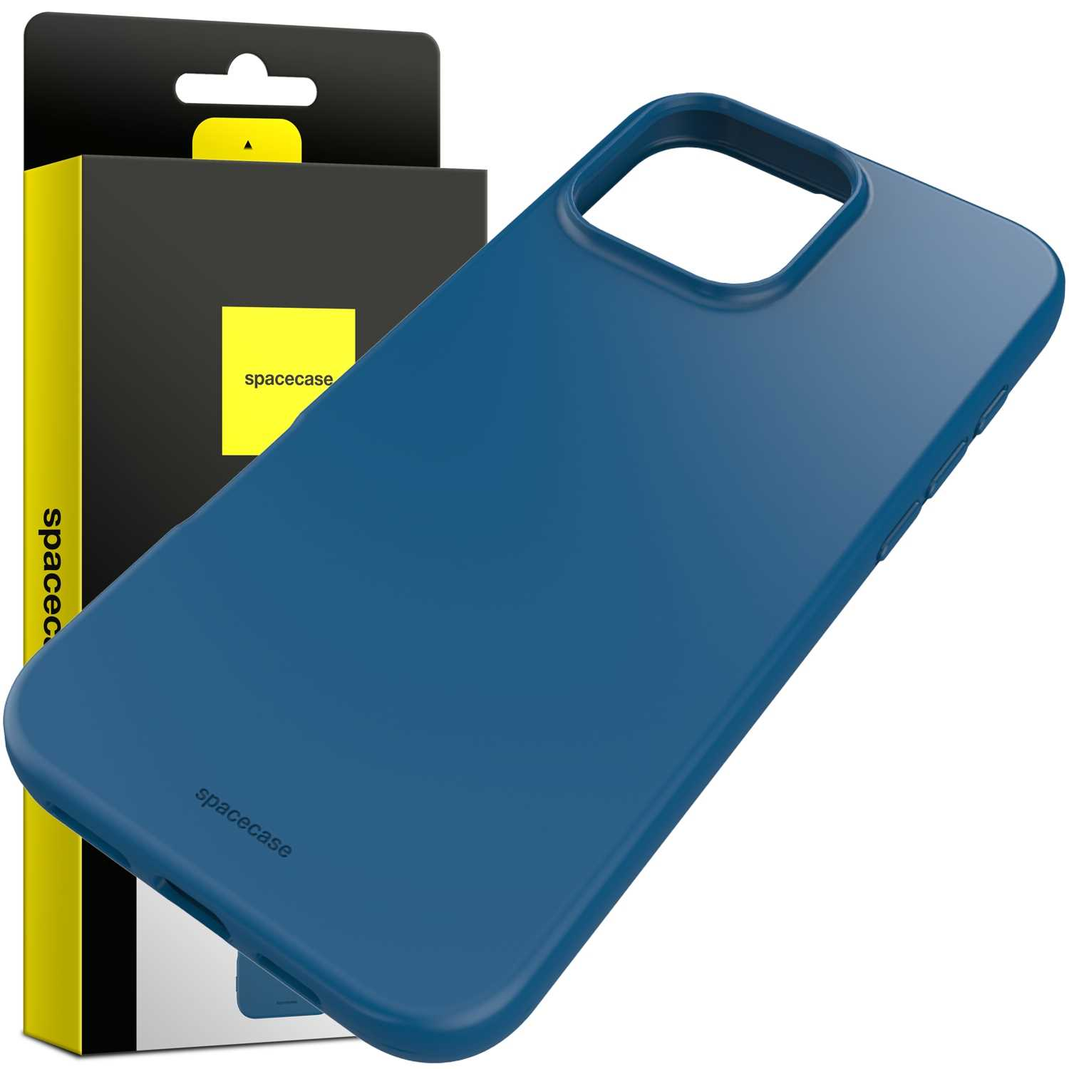 Niebieskie etui na telefon jest ustawione pod kątem, z opakowaniem za nim. Oba mają logo 'spacecase'.