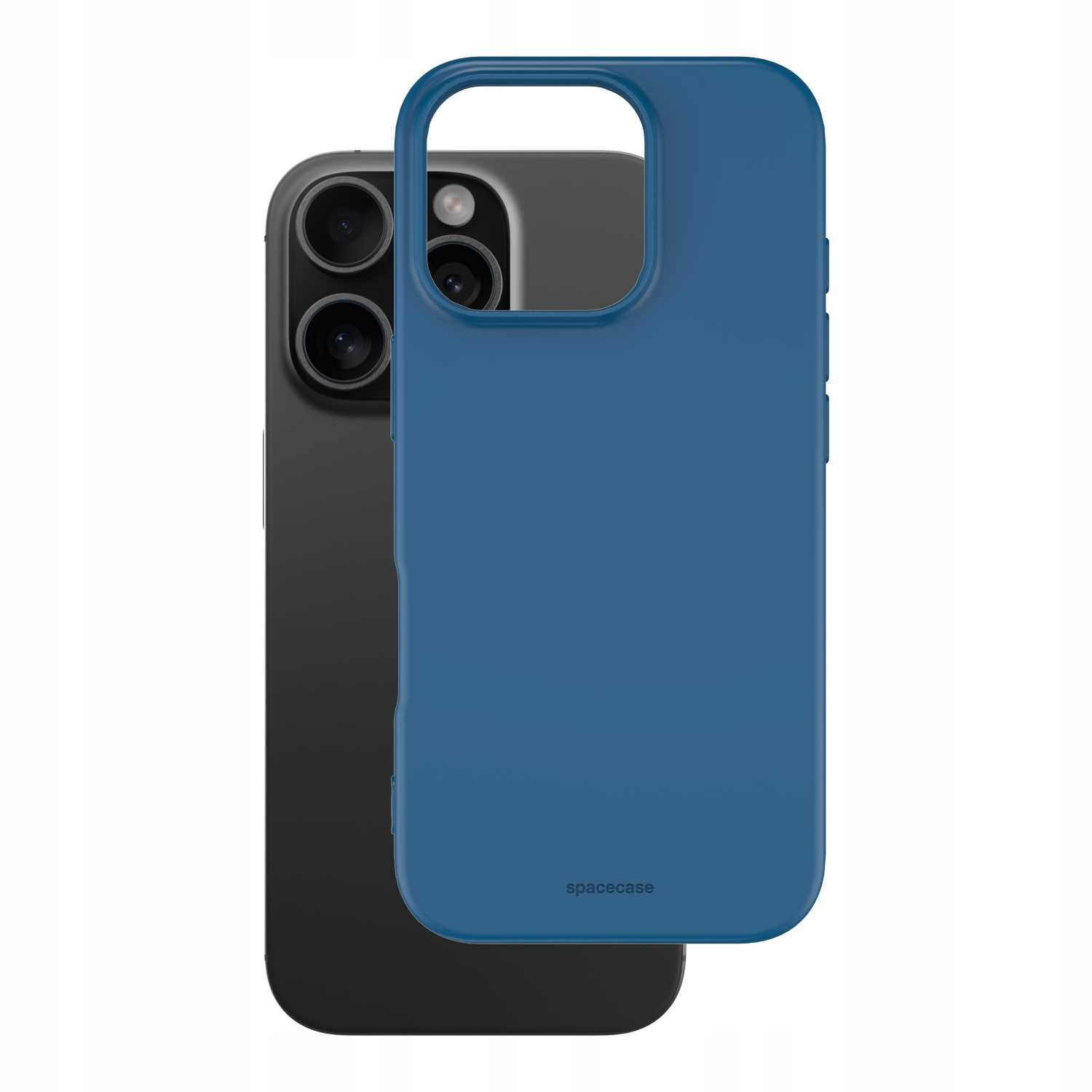 Niebieskie etui na telefon z czarnym telefonem i słowem 'spacecase' wydrukowanym na dole etui.