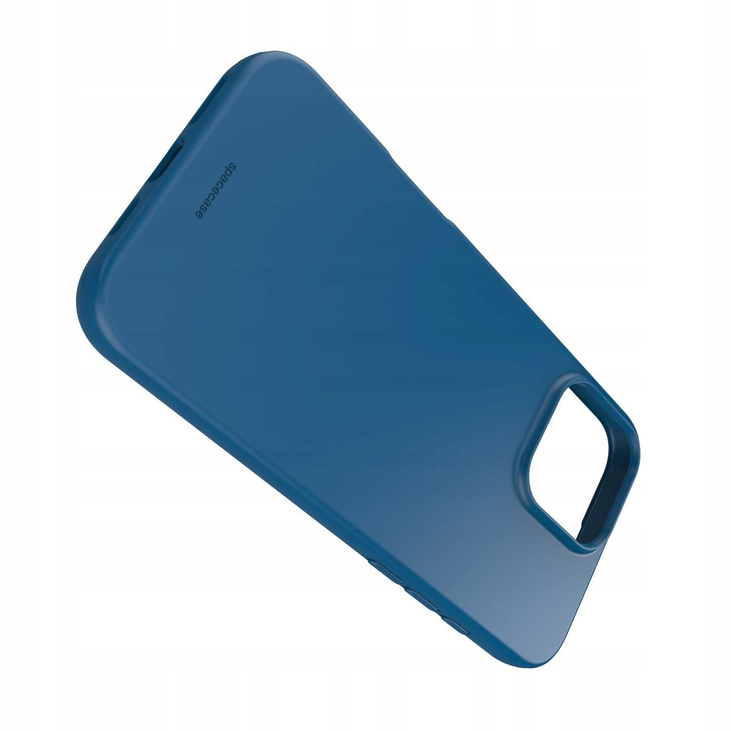 Nachylone niebieskie etui na telefon, pokazujące wycięcie na aparat i markę 'spacecase' wydrukowaną z boku.