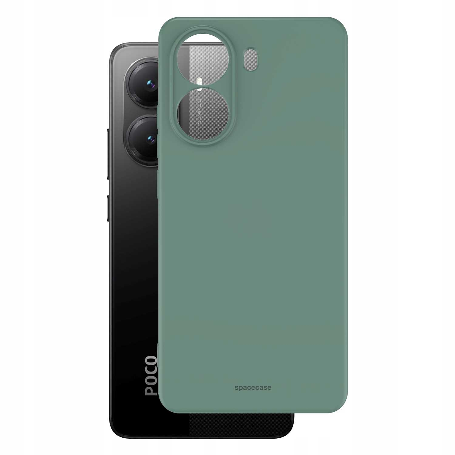 Czarny smartfon z zielonym silikonowym etui, z wycięciami na aparat i logo Spacecase.