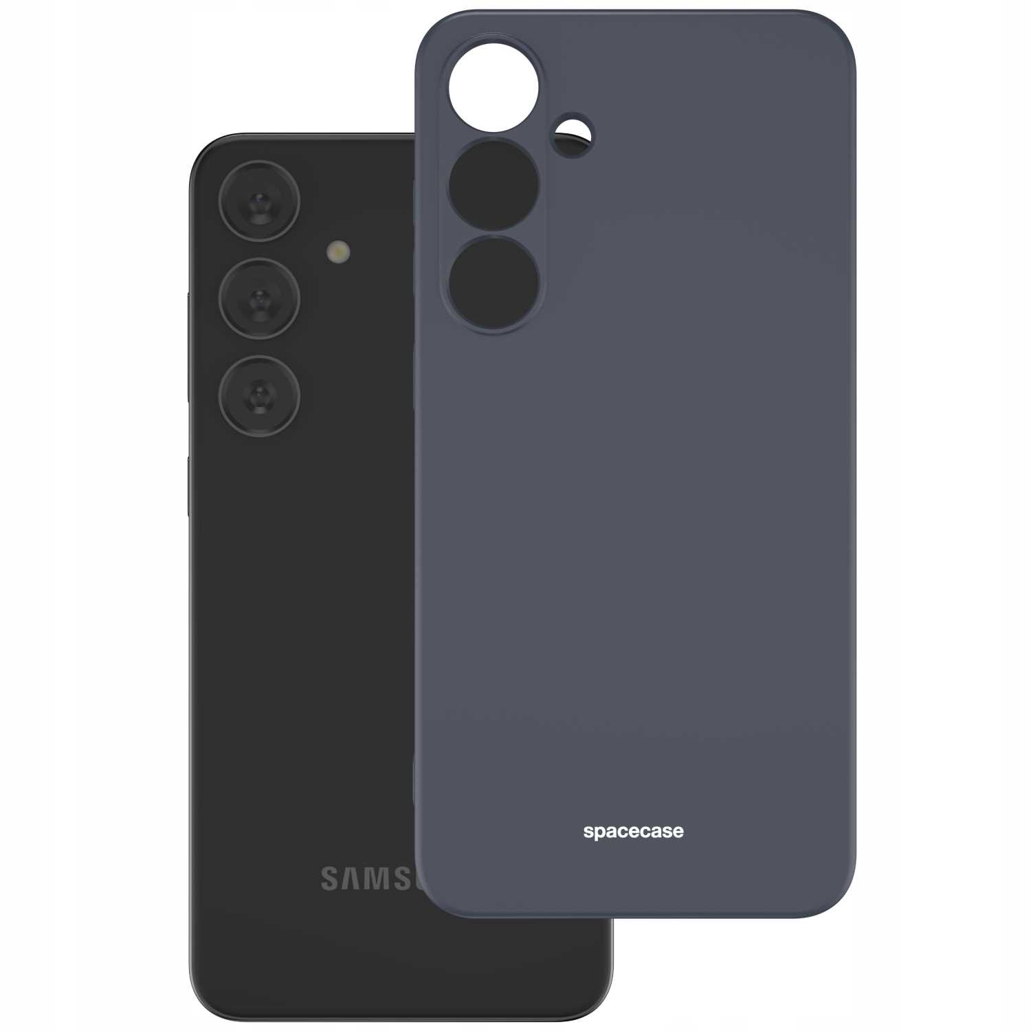Czarny smartfon z ciemnoszarą silikonową obudową, z wycięciami na aparat i logo Spacecase.