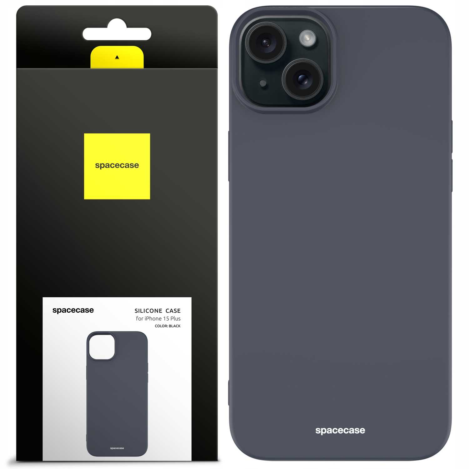 Ciemnoszary iPhone 15 Plus w pudełku obok ciemnoszarego silikonowego etui z logo Spacecase.