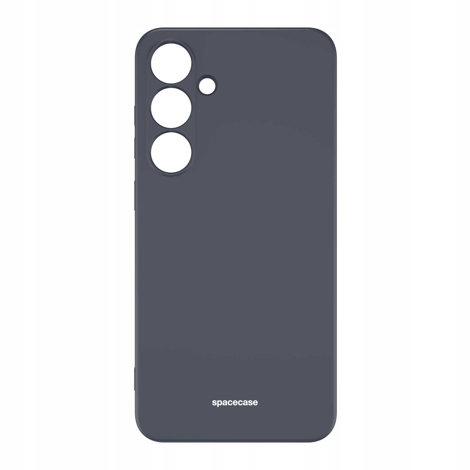 Ciemnoszare silikonowe etui na telefon z wycięciami na aparat i logo Spacecase na białym tle.