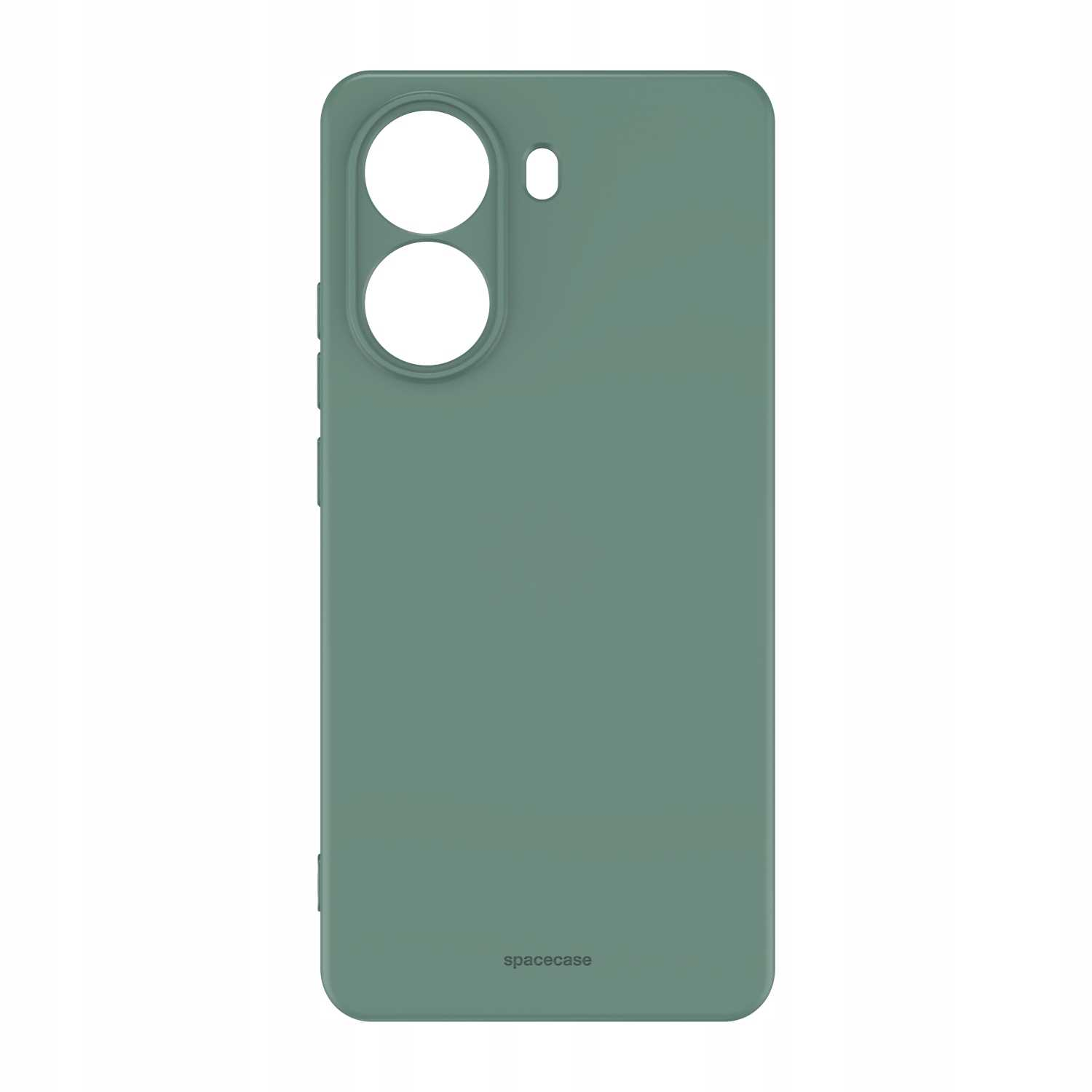 Zielone silikonowe etui na telefon z wycięciami na aparat i logo Spacecase na białym tle.
