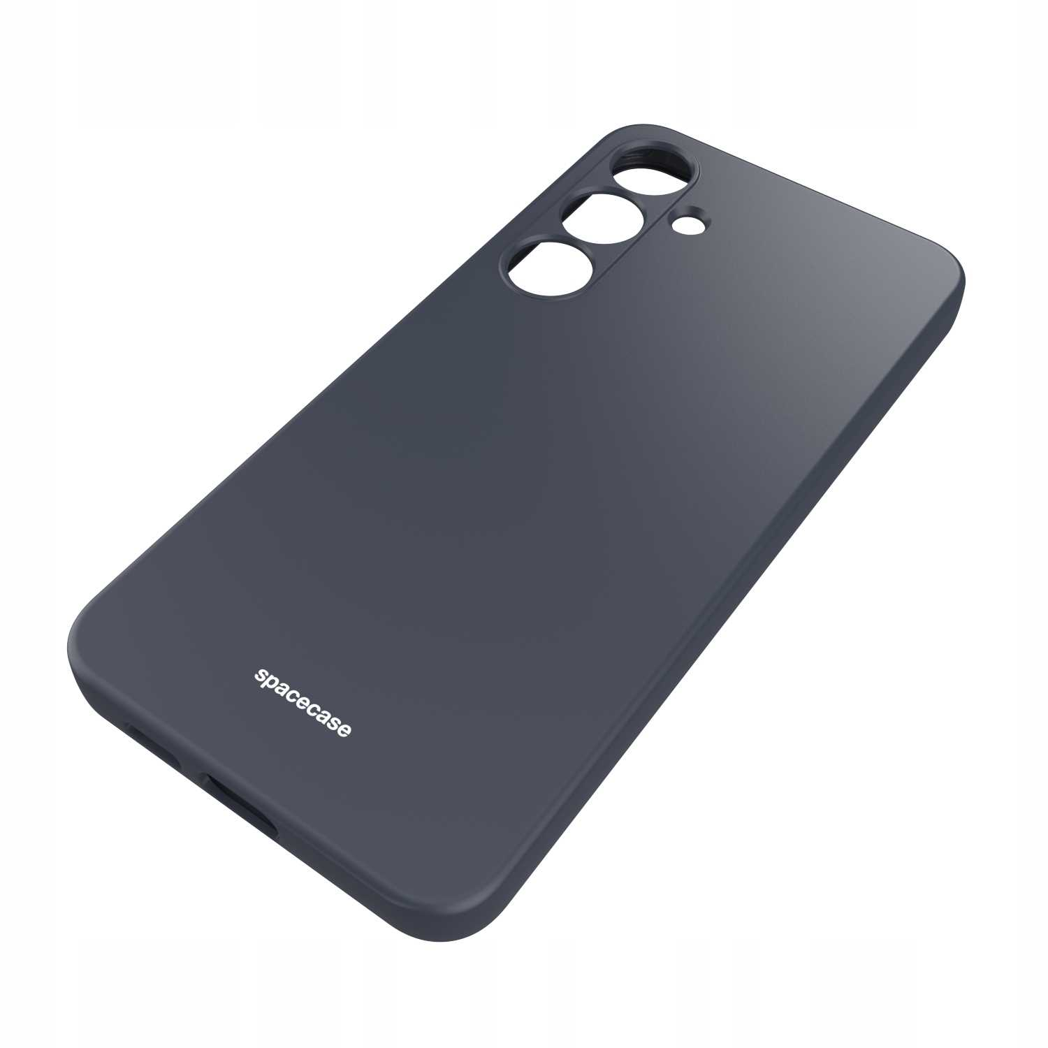 Ciemnoszare silikonowe etui na telefon z wycięciami na aparat i logo Spacecase na białym tle.