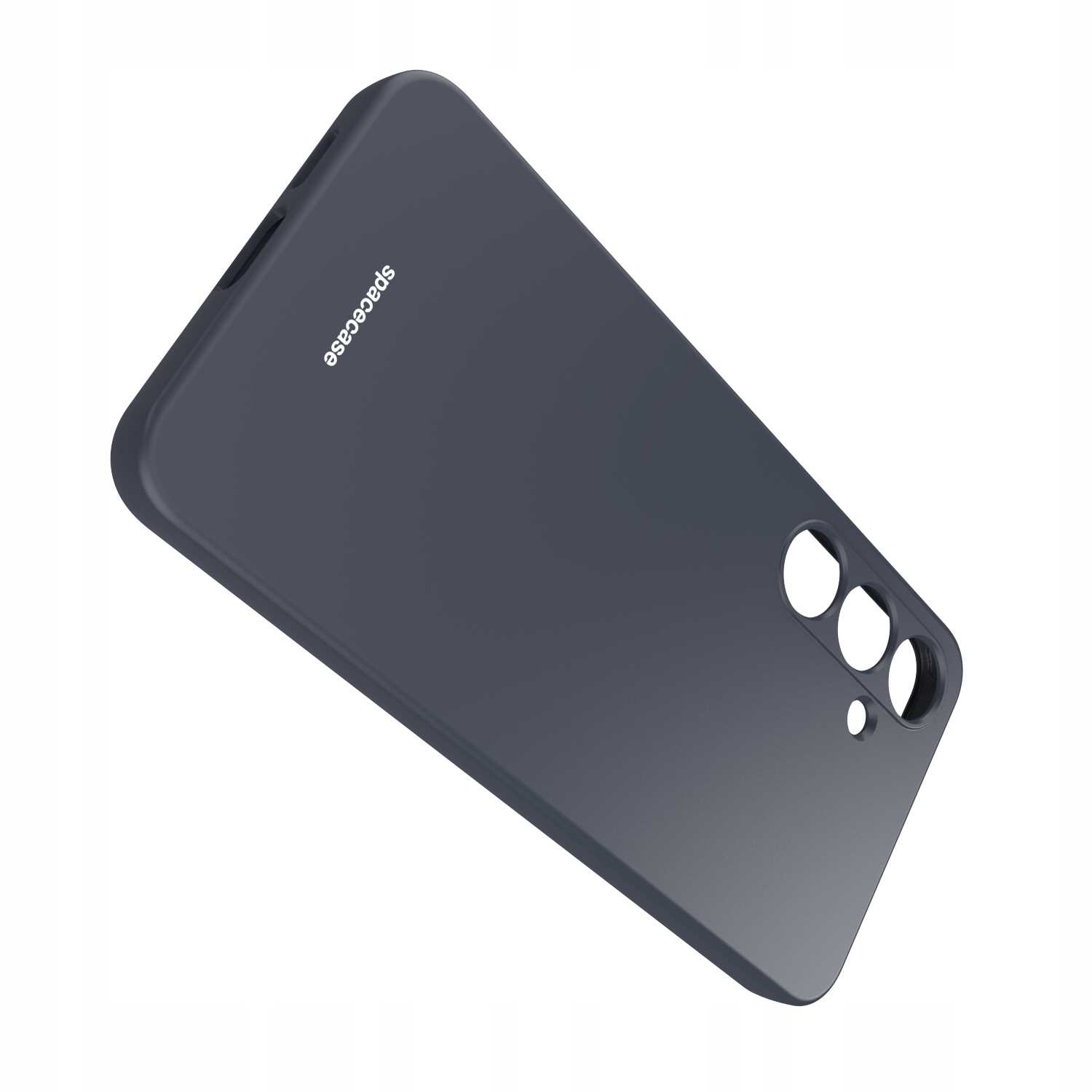 Ciemnoszare silikonowe etui na telefon z wycięciami na aparat i logo Spacecase na białym tle.