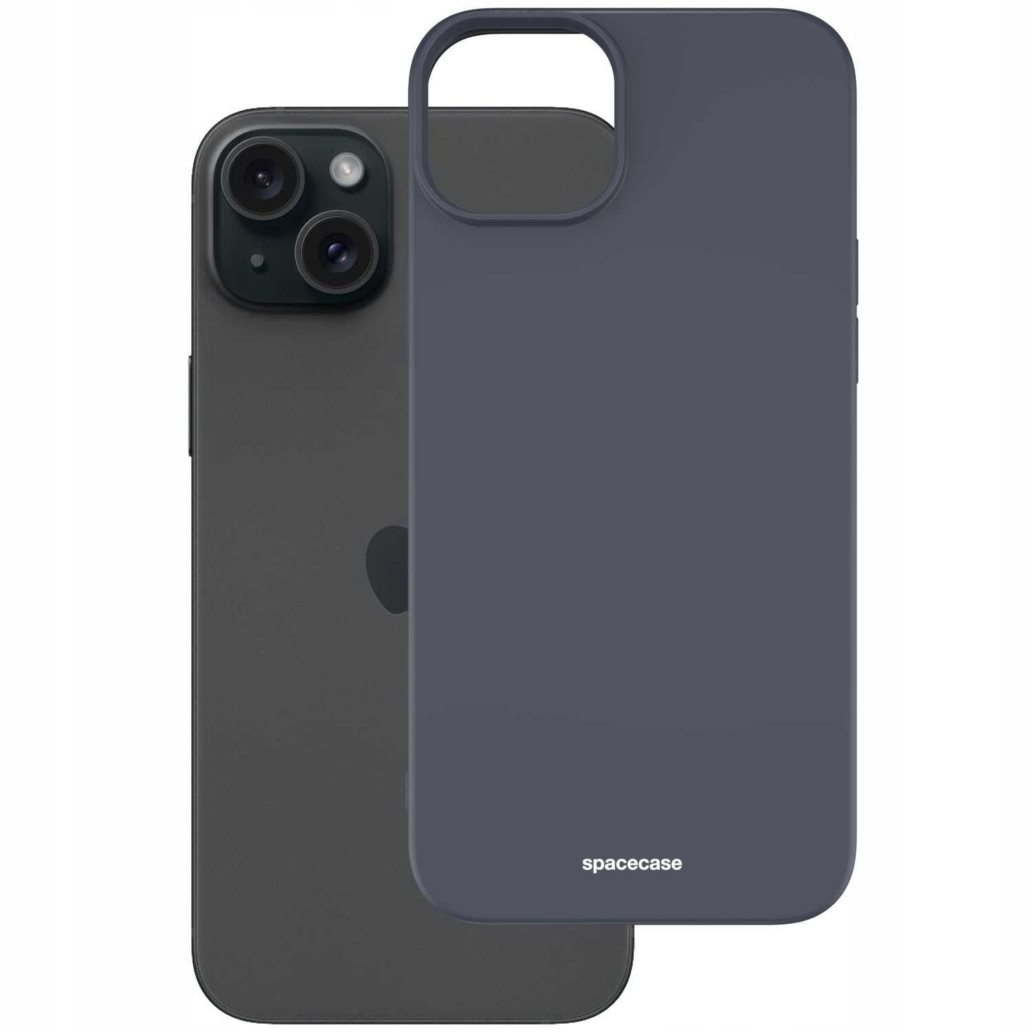 Szary iPhone z ciemnoszarym silikonowym etui, z wycięciami na aparat i logo Spacecase.