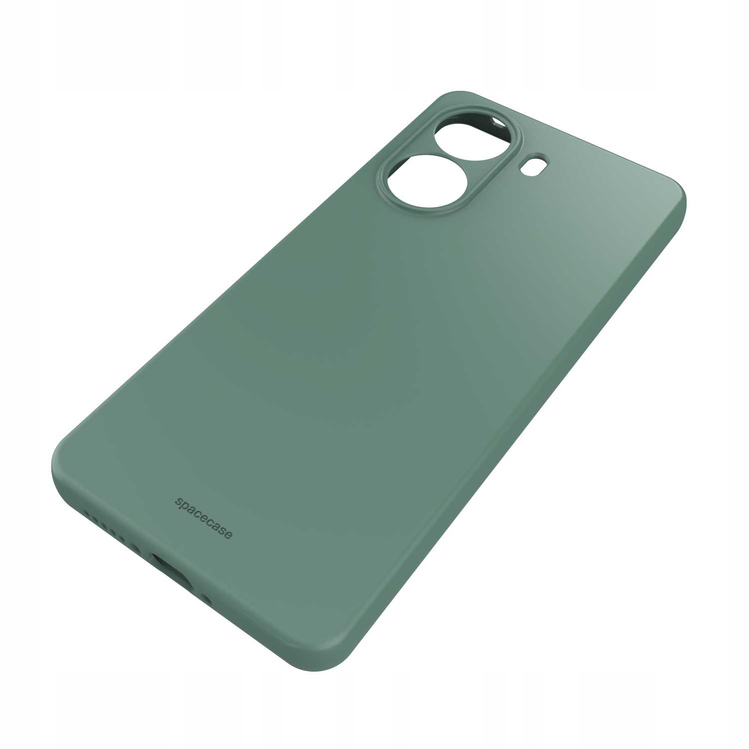 Zielone silikonowe etui na telefon z wycięciami na aparat i logo Spacecase na białym tle.