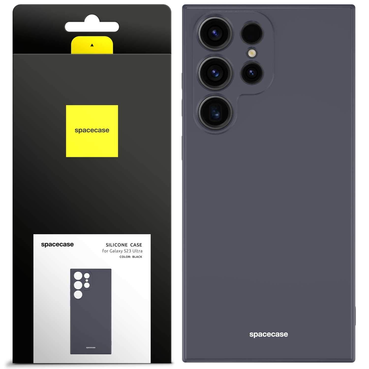Czarne etui na telefon i opakowanie. Etui ma wycięcia na aparat i logo 'spacecase'.