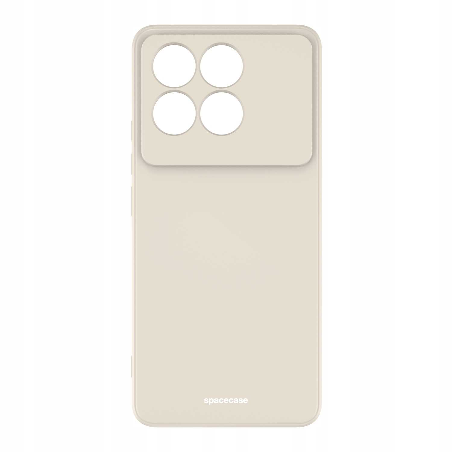 Kremowe etui na telefon z wycięciami na aparat, prezentujące minimalistyczny design i branding „spacecase”.