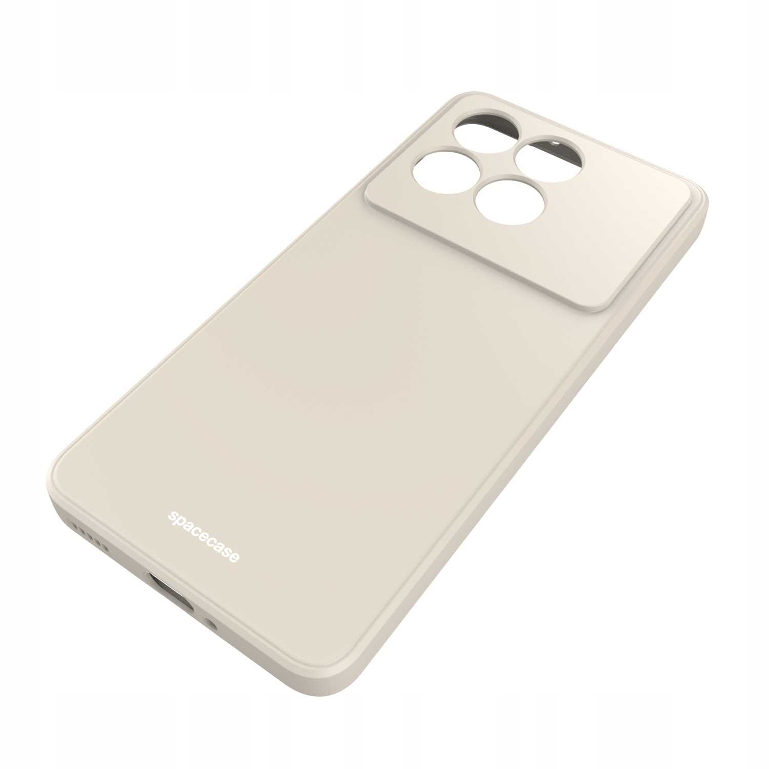 Ukośny widok kremowego etui na telefon z wycięciami na aparat i brandingiem „spacecase” na białym tle.