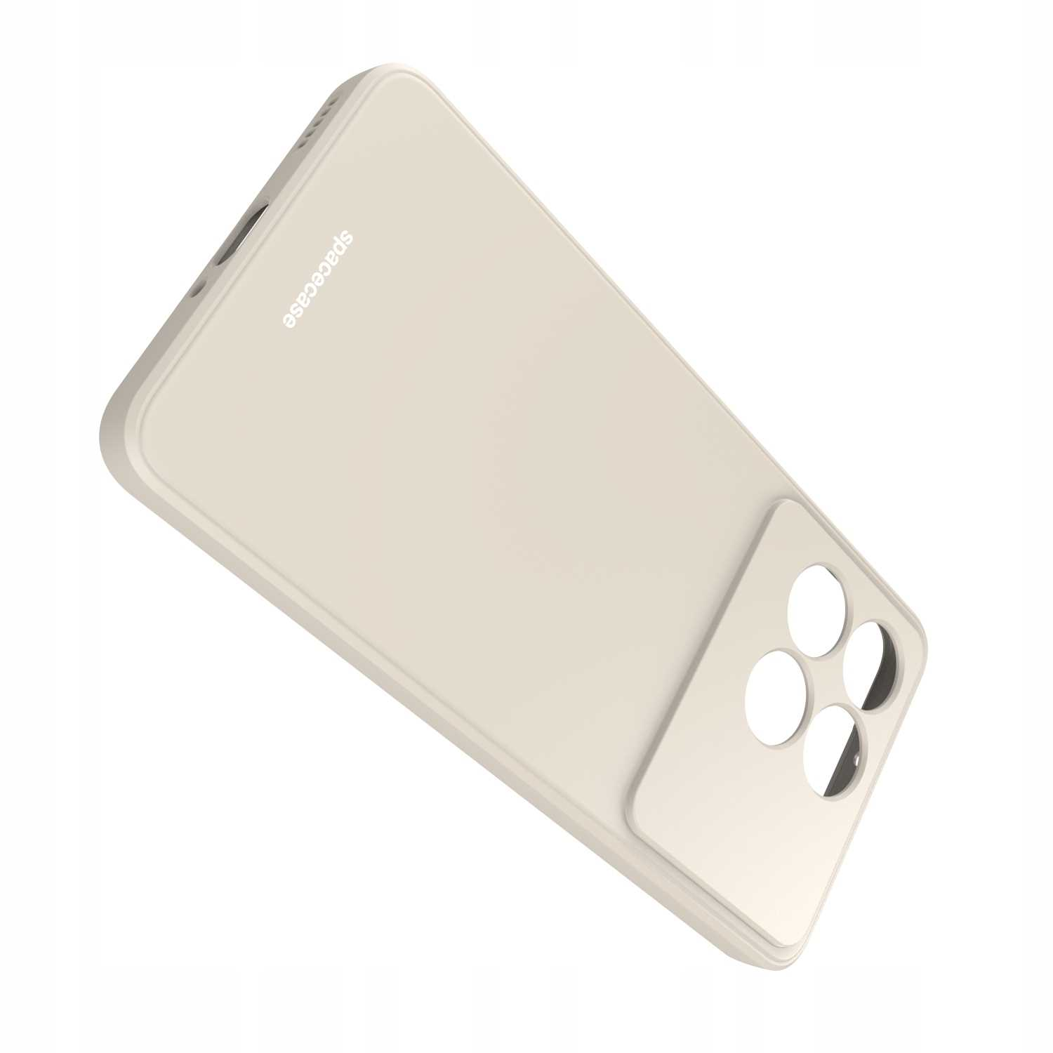 Ukośny widok kremowego etui na telefon z wycięciami na aparat i brandingiem „spacecase” na białym tle.
