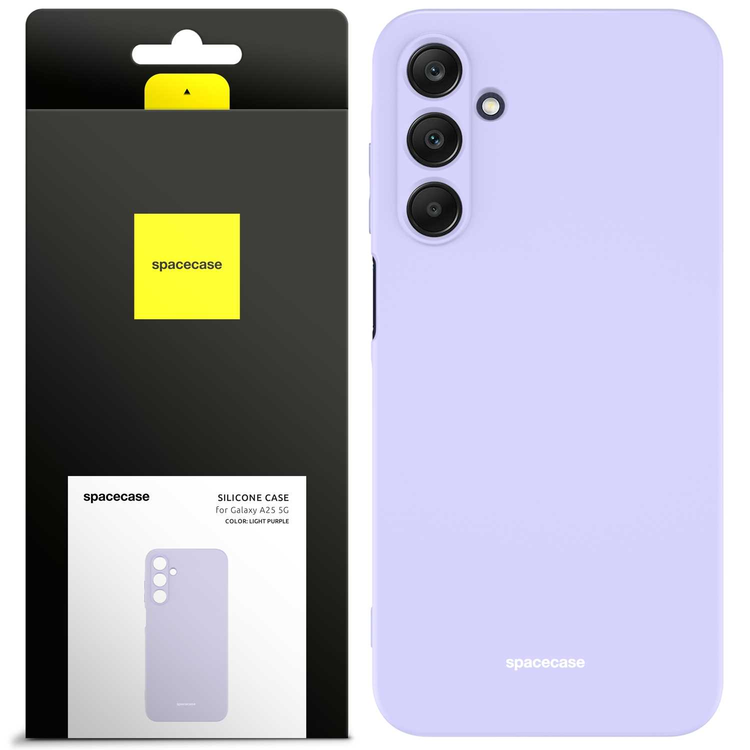 Jasnofioletowe silikonowe etui na telefon i jego opakowanie z logo „spacecase”, odizolowane na białym tle.