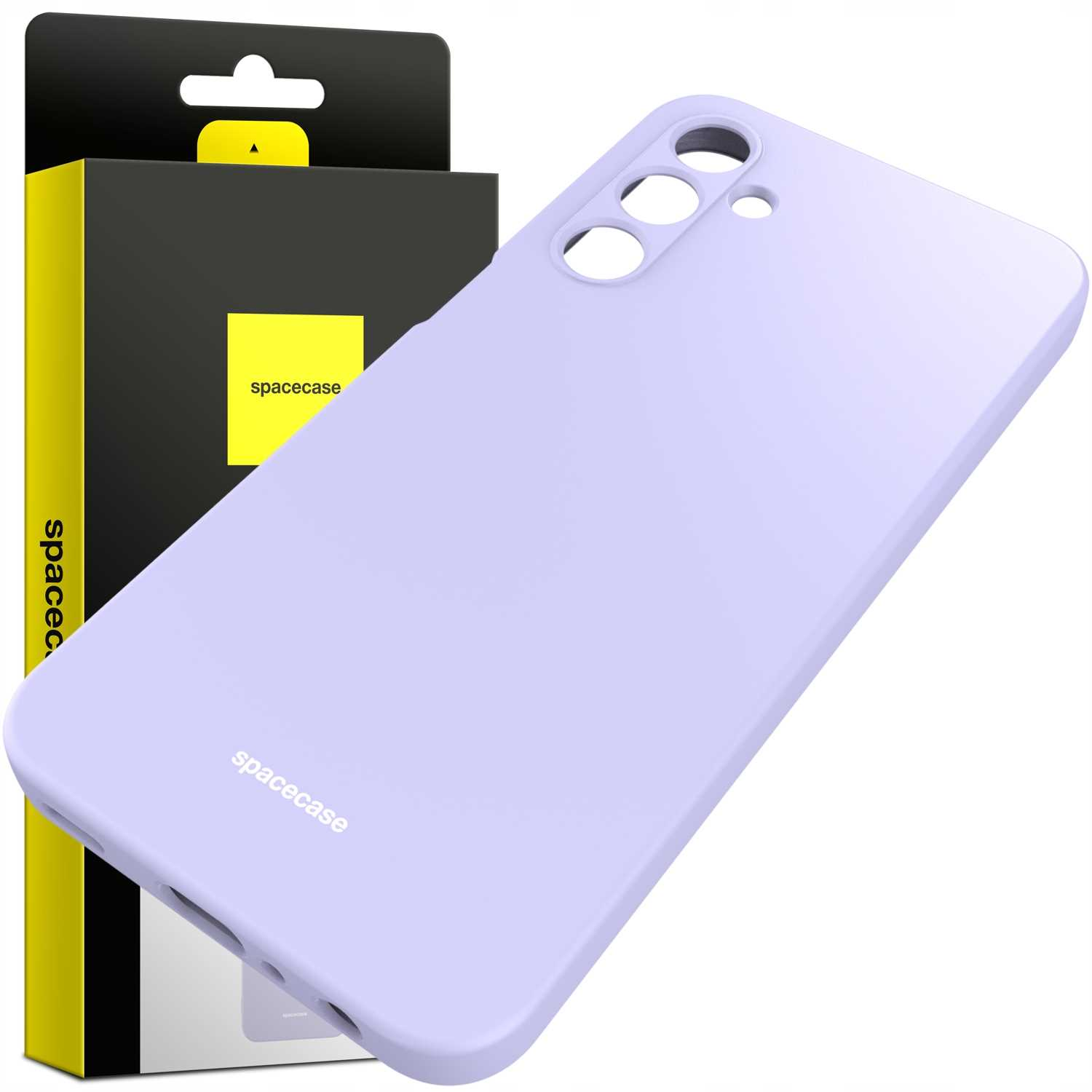Ukośny widok jasnofioletowego silikonowego etui na telefon obok opakowania z logo „spacecase” na białym tle.