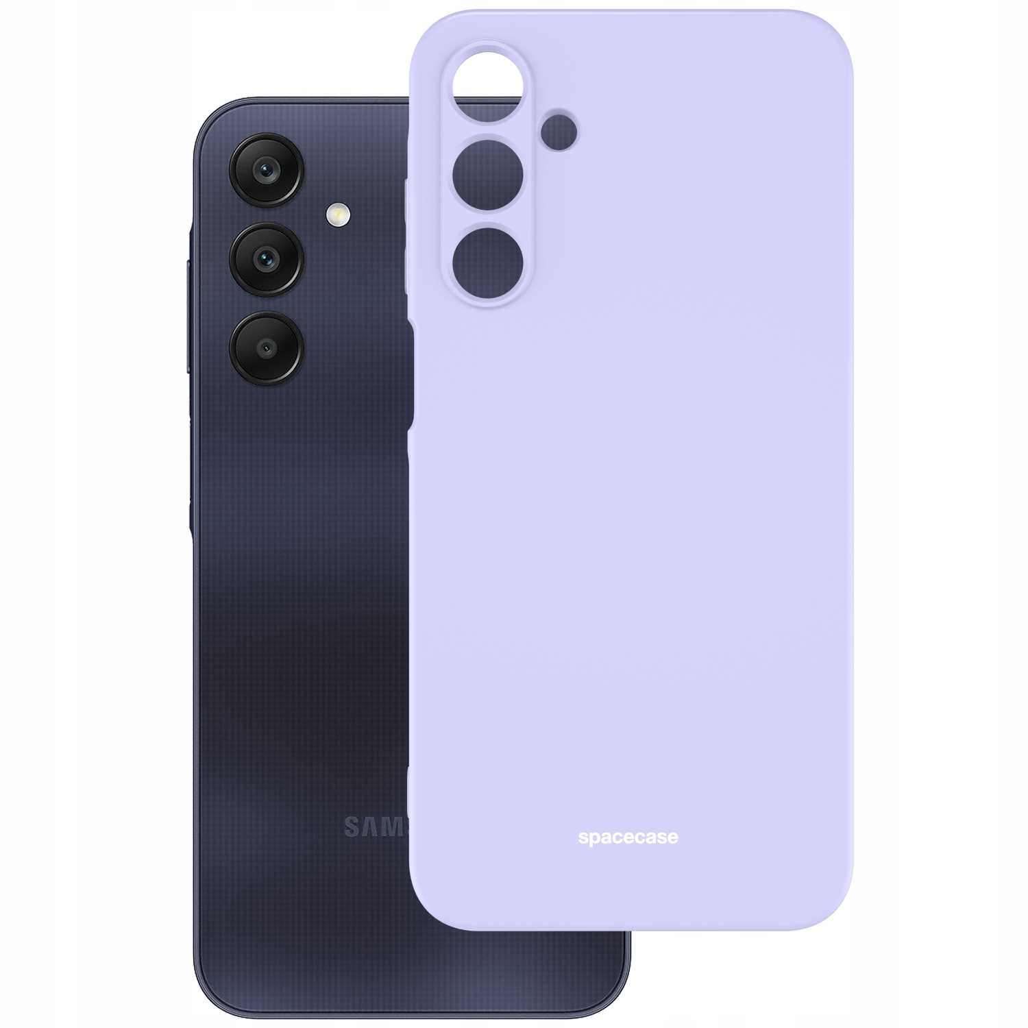 Jasnofioletowe etui na telefon obok ciemnoszarego telefonu, oba z wycięciami na aparat i logo „spacecase”.
