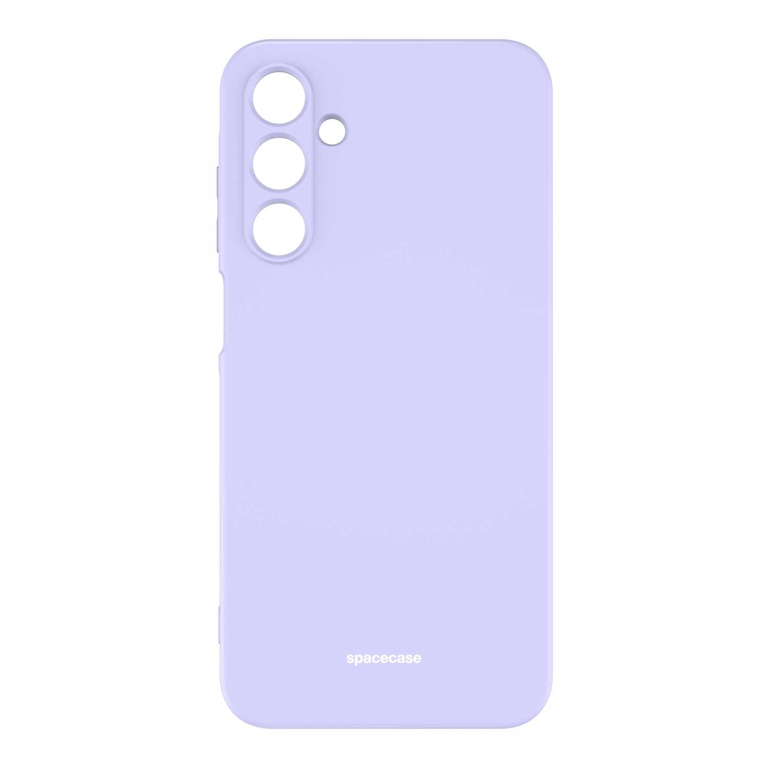 Jasnofioletowe silikonowe etui na telefon z wycięciami na aparat i logo „spacecase” na dole, na białym tle.
