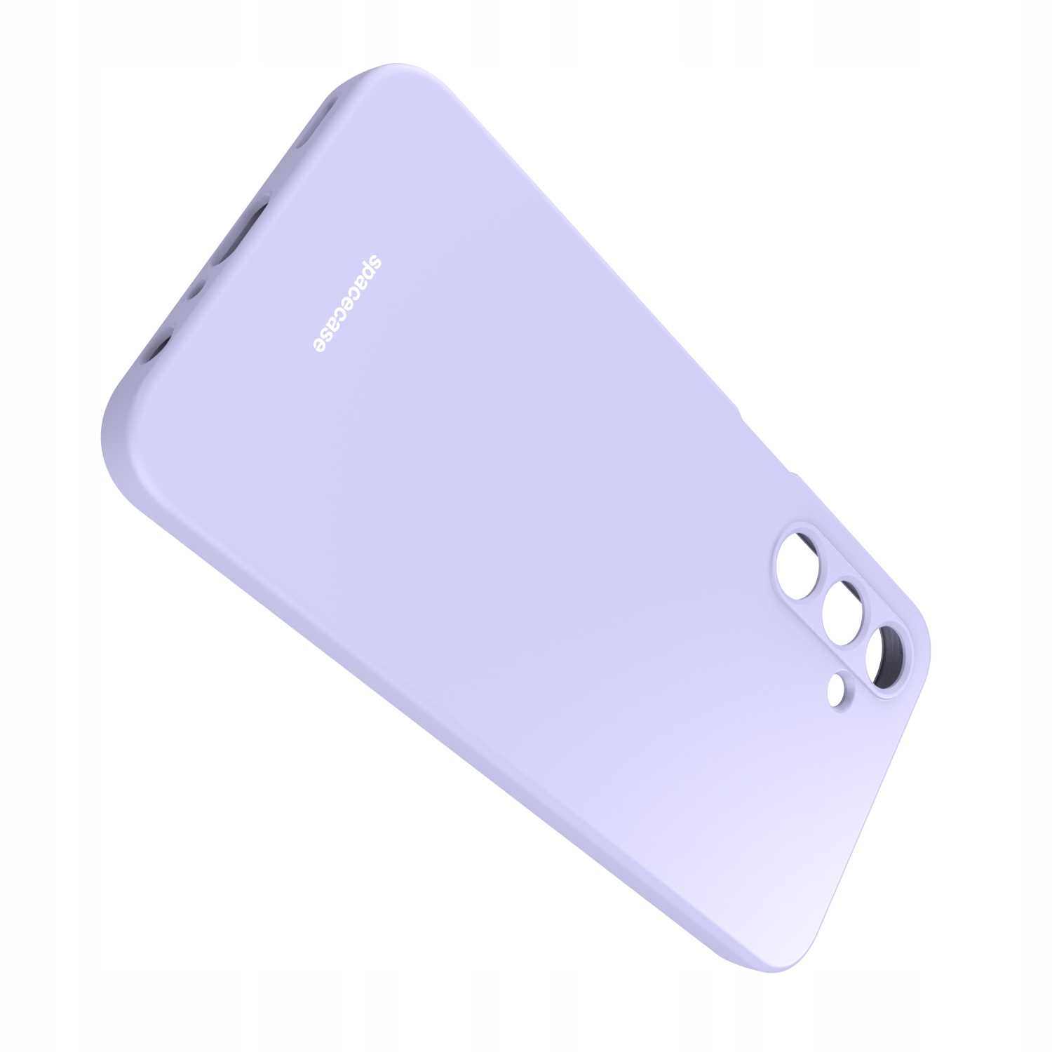 Ukośny widok jasnofioletowego silikonowego etui na telefon z wycięciami na aparat i logo „spacecase” na białym tle.