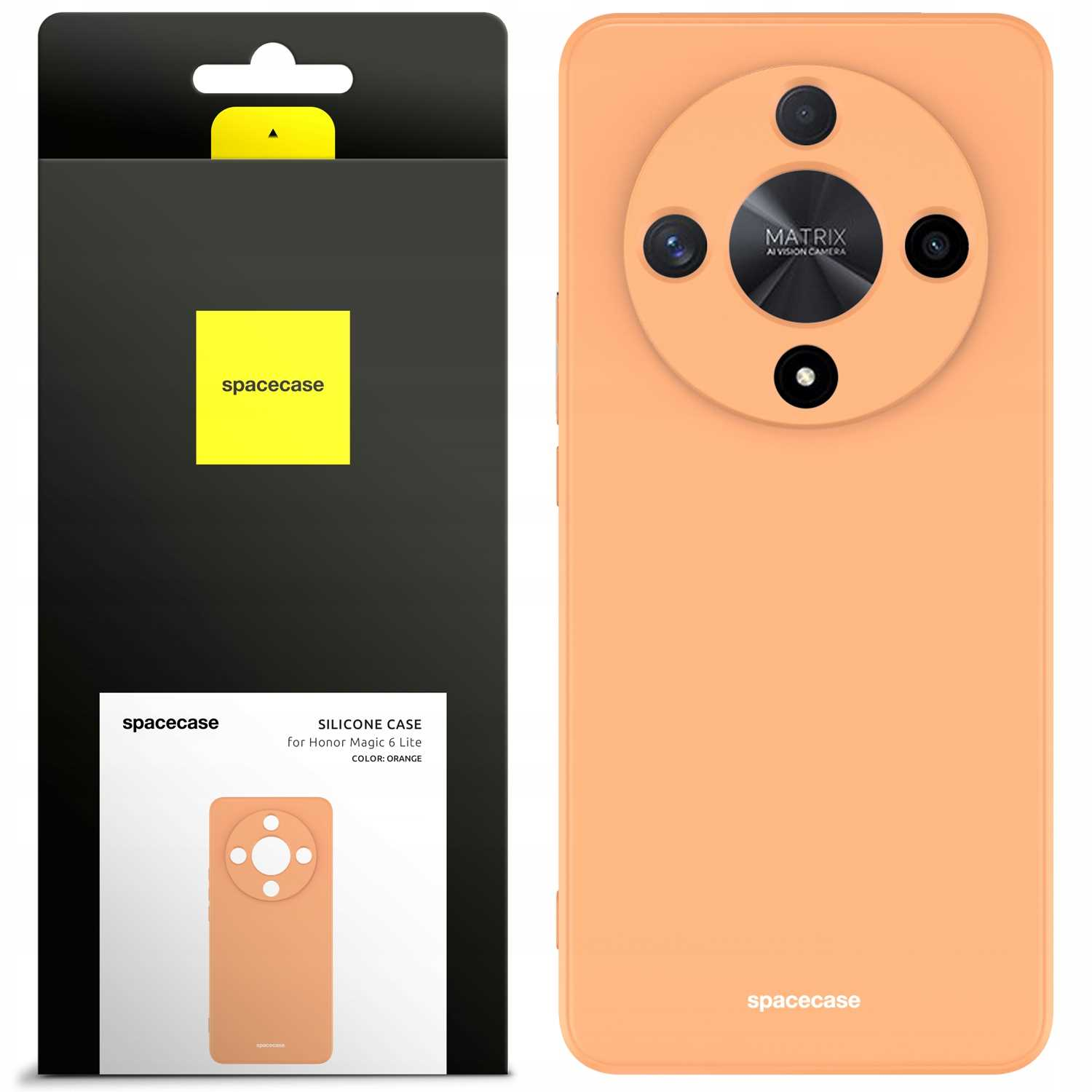 Pomarańczowe silikonowe etui na telefon i jego opakowanie z logo „spacecase” na białym tle.