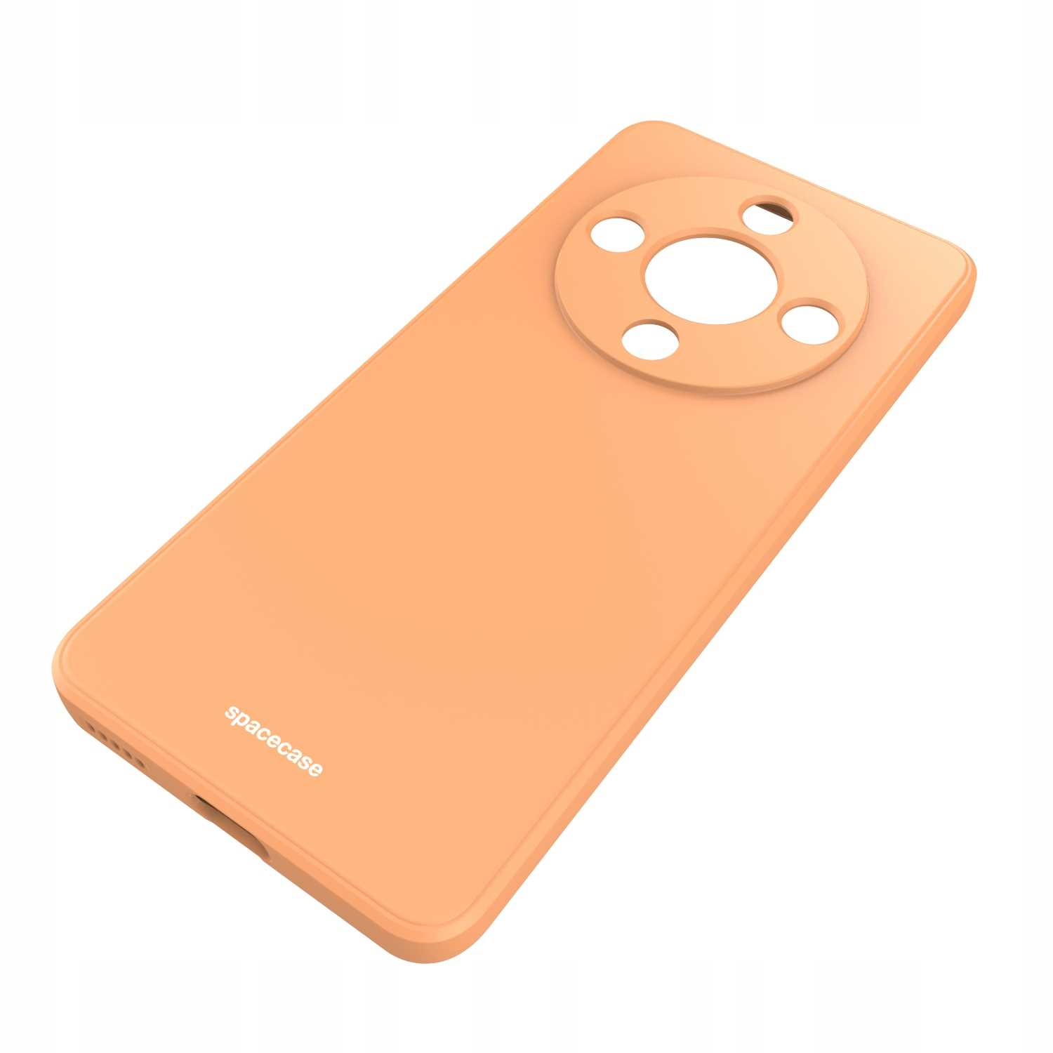 Widok pod kątem brzoskwiniowego etui na telefon z okrągłym wycięciem na aparat.
