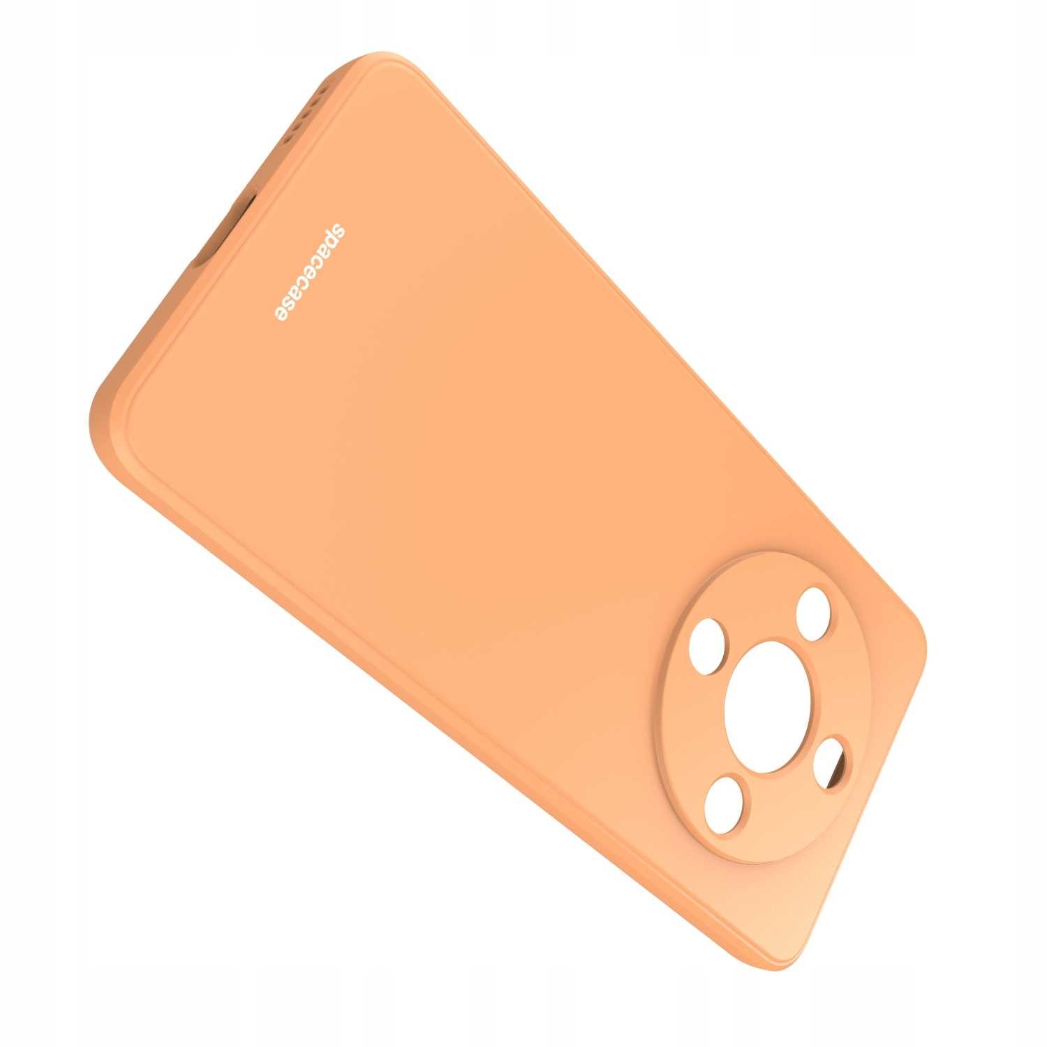Widok pod kątem brzoskwiniowego etui na telefon z okrągłym wycięciem na aparat.