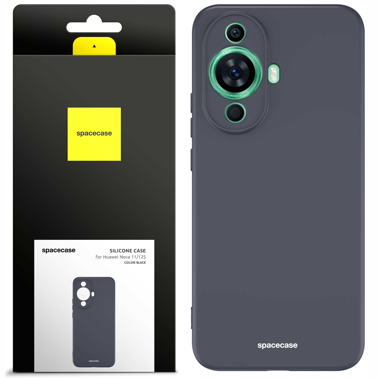 Ciemnoszare etui na telefon obok opakowania, prezentujące markę 'spacecase'.