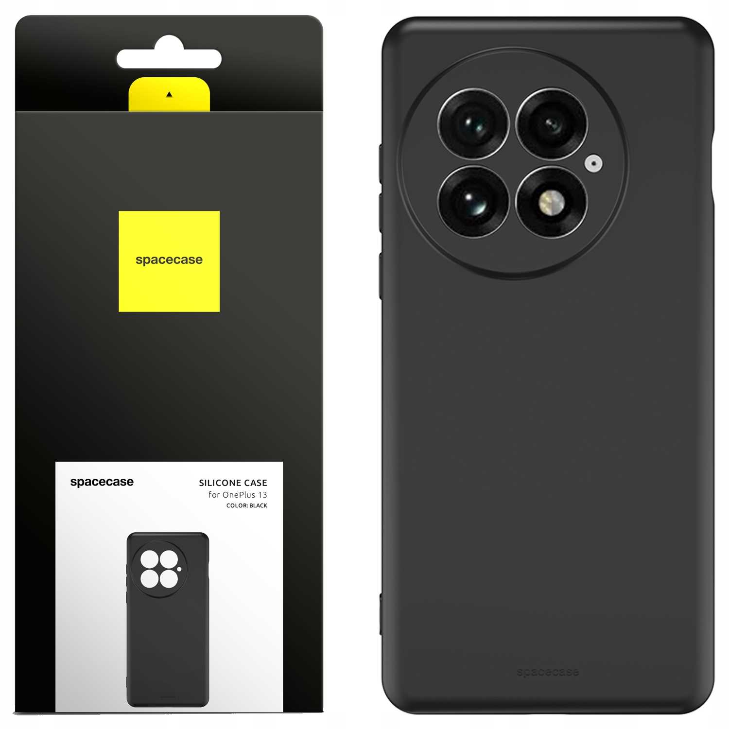 Czarne etui na telefon i opakowanie. Na pudełku napis spacecase i silikonowe etui do OnePlus 13.