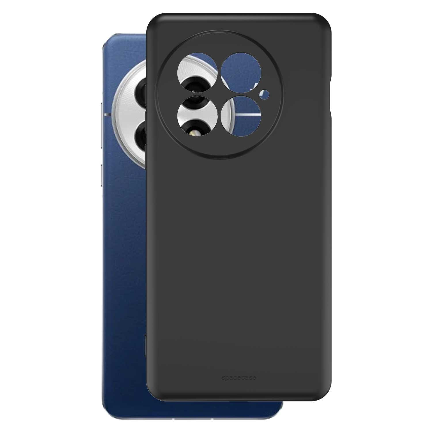 Czarny telefon i czarne etui. Etui to spacecase. Telefon jest pod kątem.