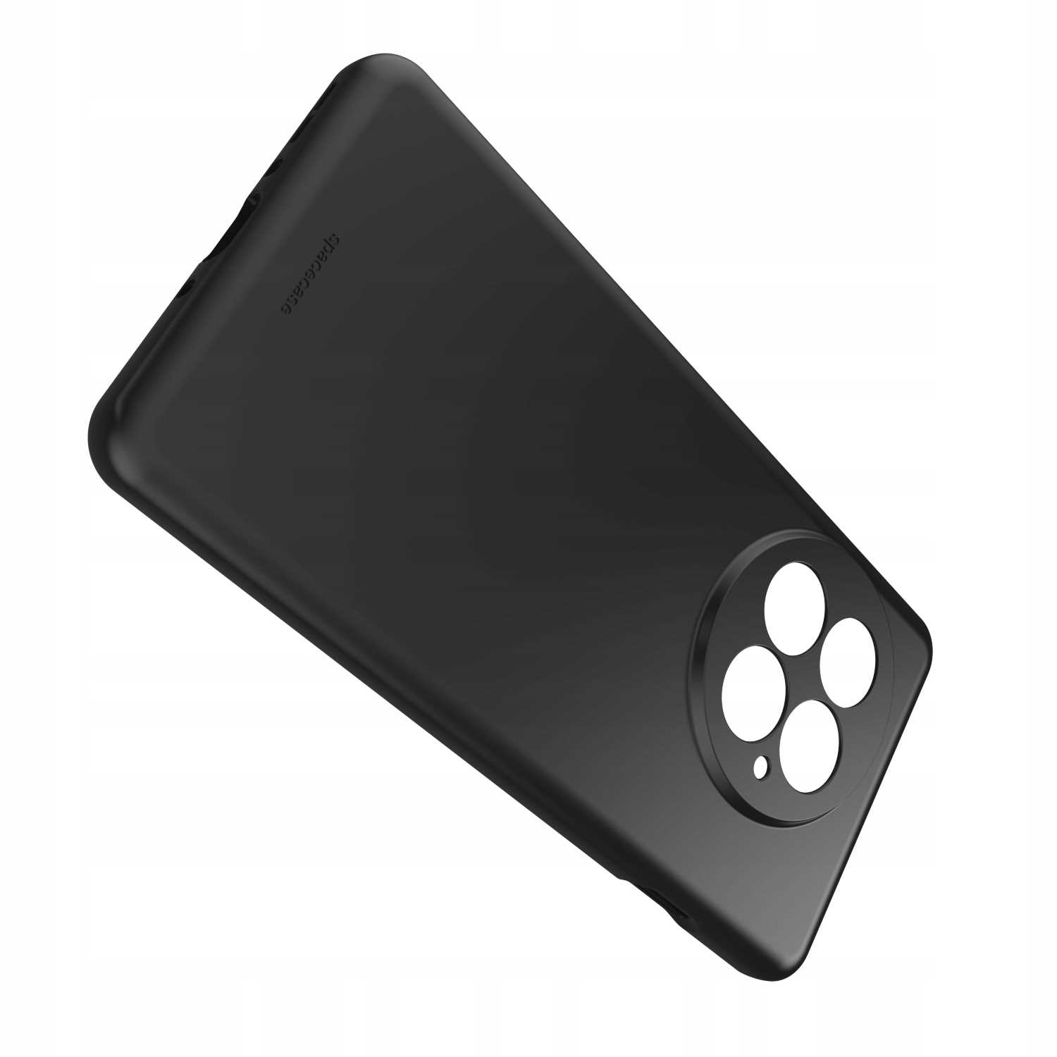 Czarne etui na telefon Spacecase z okrągłymi wycięciami na aparat, ustawione pod kątem na białym tle.