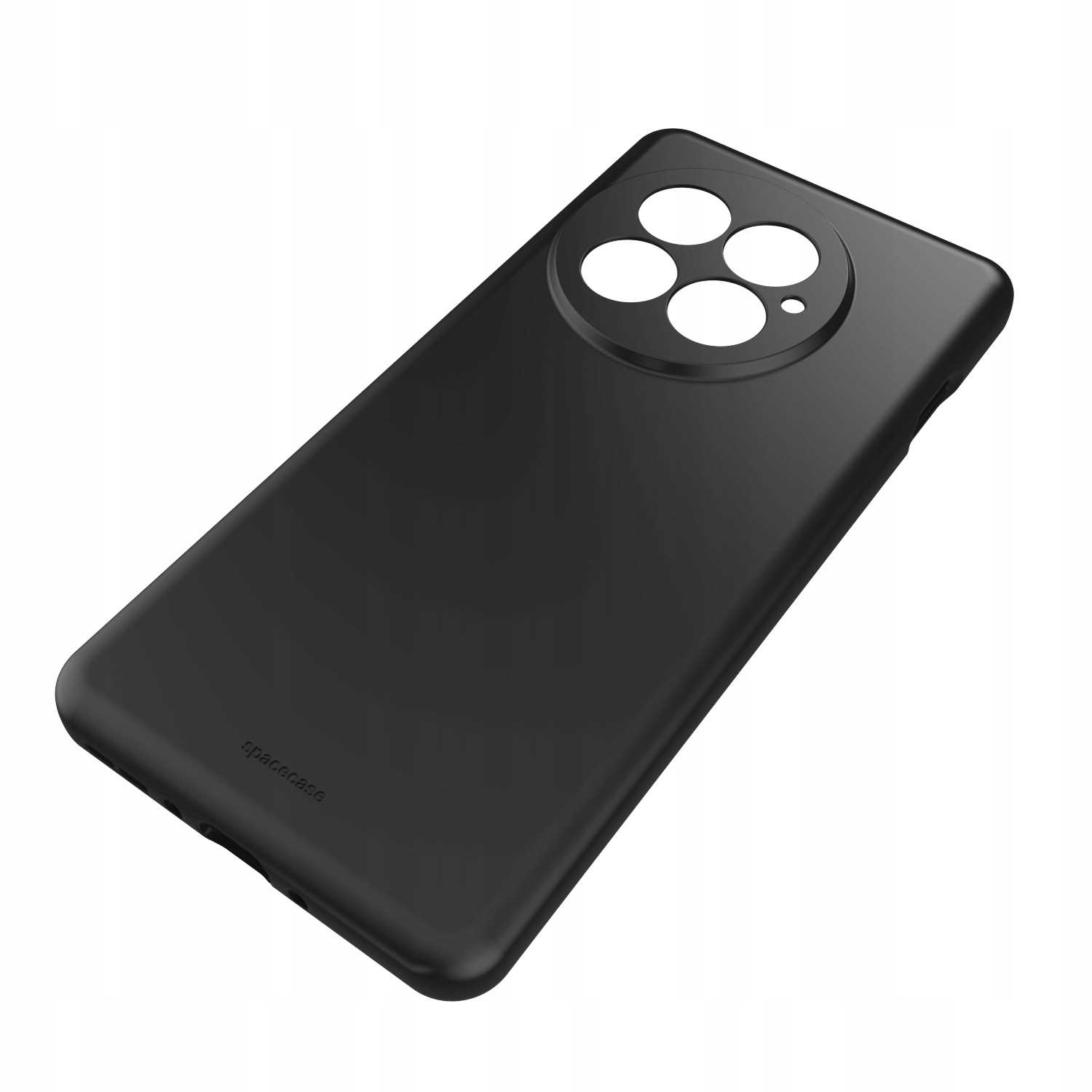 Czarne etui na telefon Spacecase z okrągłymi wycięciami na aparat, ustawione pod kątem na białym tle.
