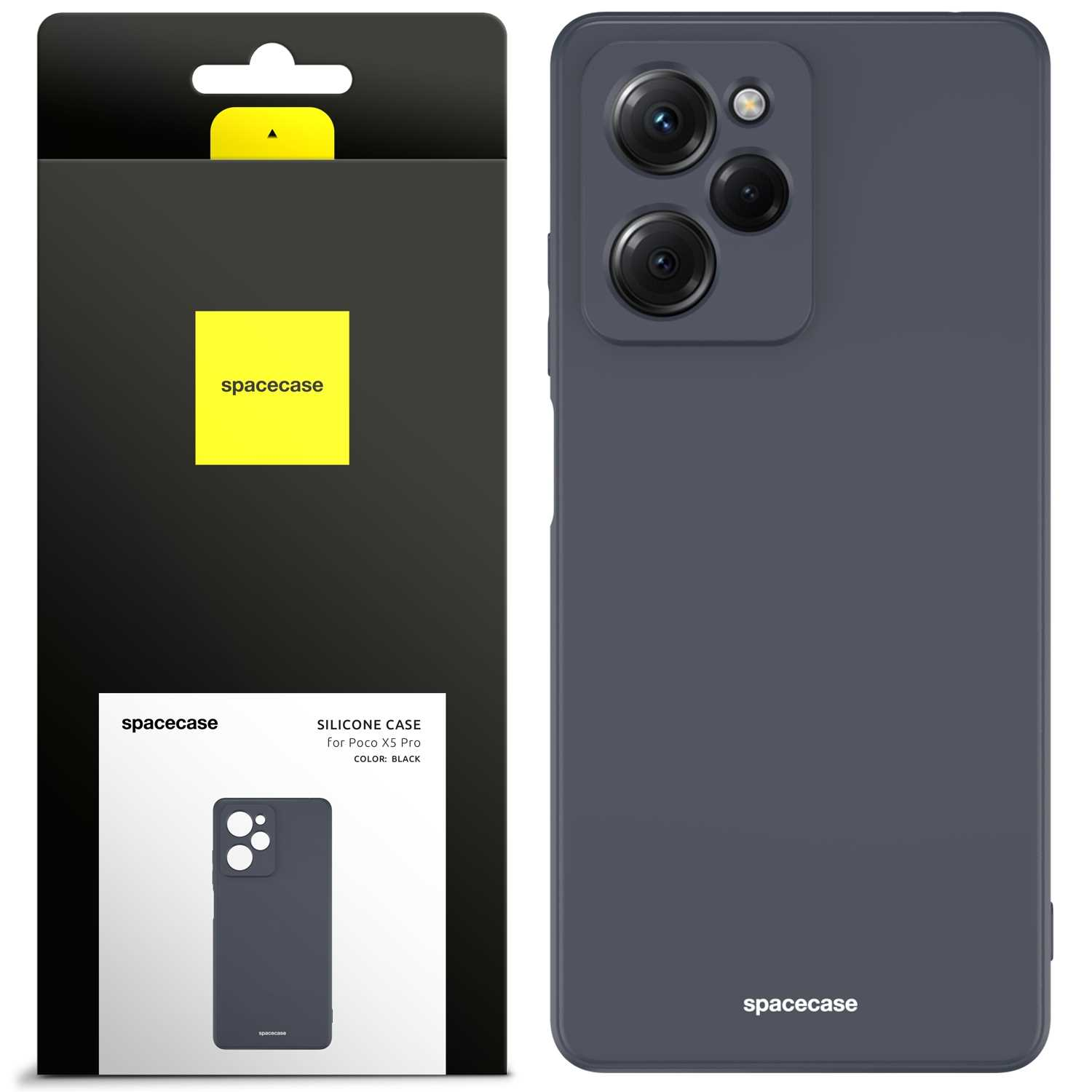 Etui na telefon i jego pudełko. Etui jest ciemnoszare z napisem spacecase.