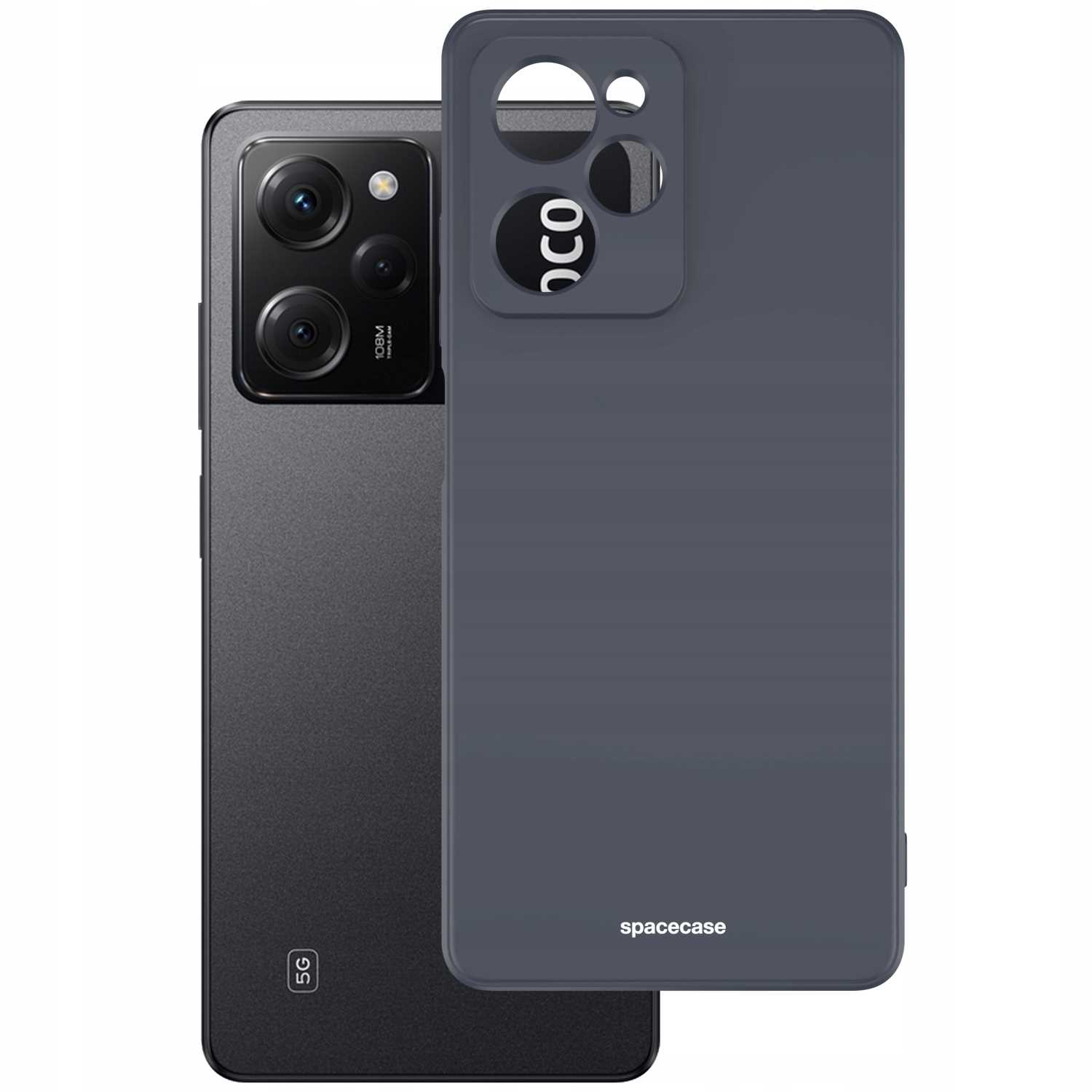 Czarny telefon i ciemnoszare etui z napisem 'spacecase'.