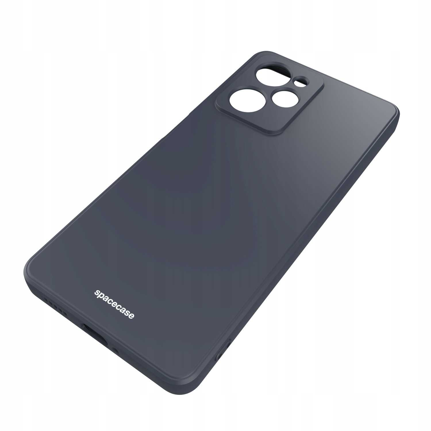 Ciemnoszare etui na telefon z nadrukiem 'spacecase'.