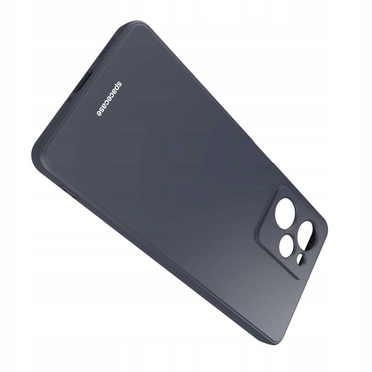 Ciemnoszare etui z napisem 'spacecase', lekko pochylone.