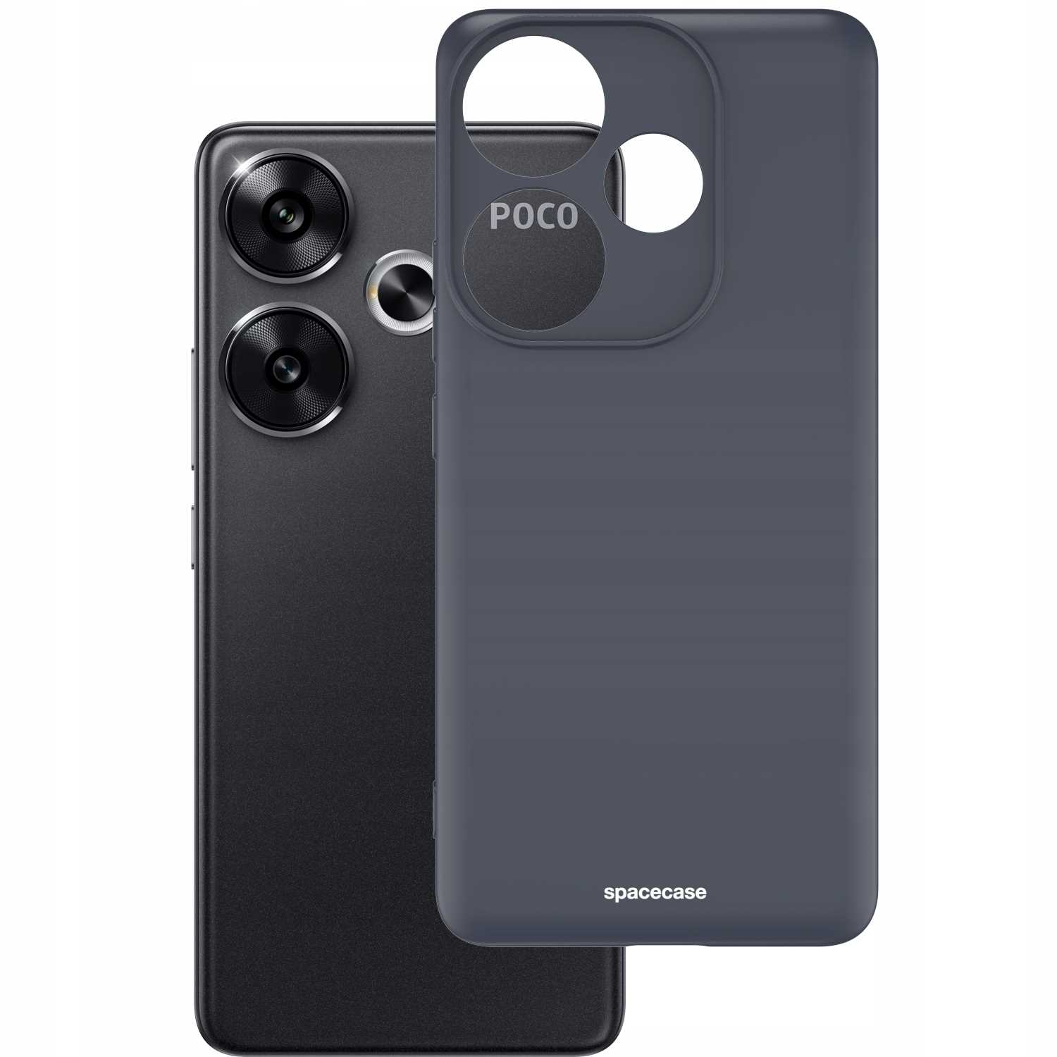 Telefon i ciemnoszare etui z napisem 'spacecase'.