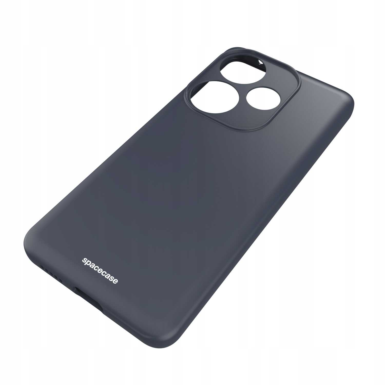 Ciemnoszare etui na telefon z nadrukiem 'spacecase'.