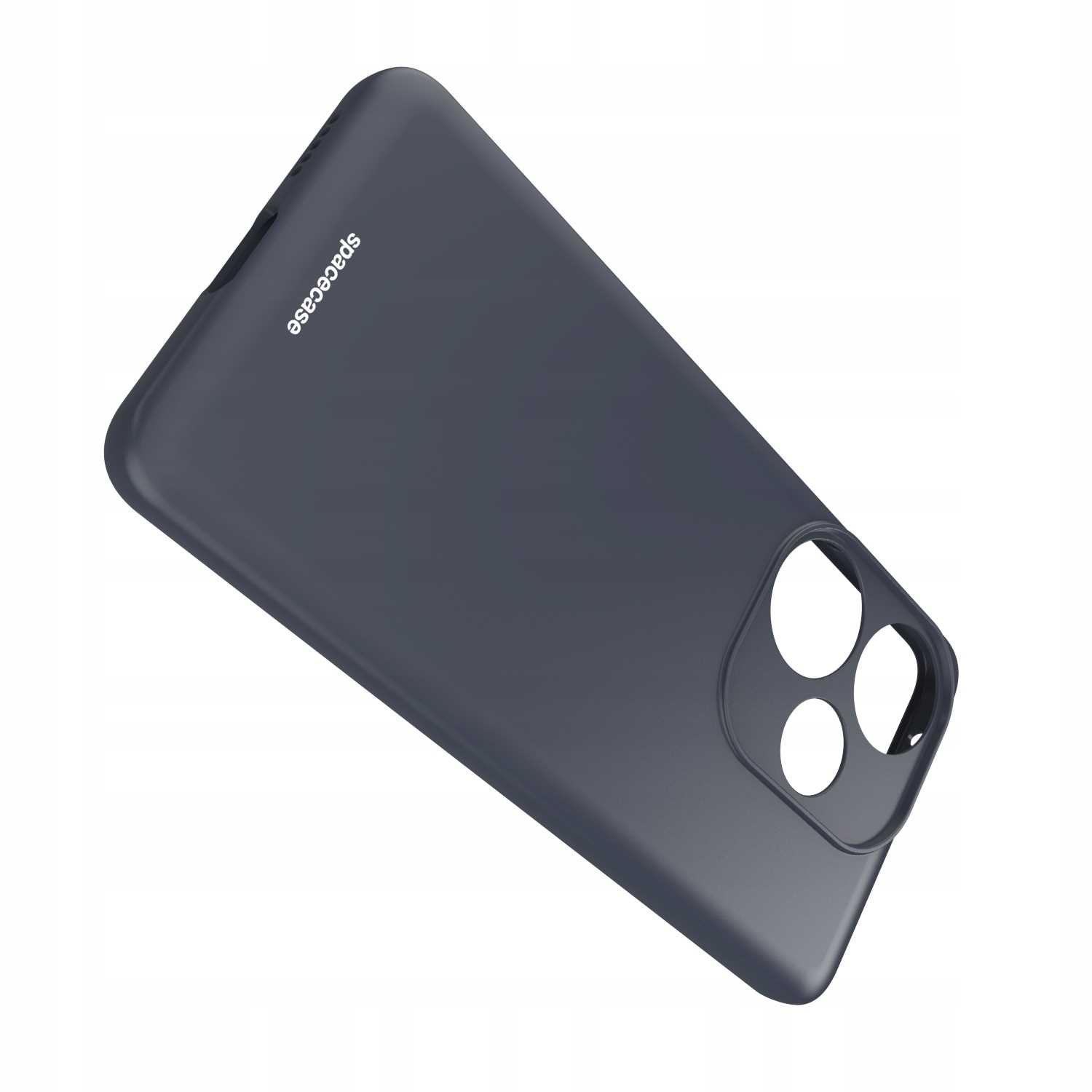 Ciemnoszare etui z marką 'spacecase'.
