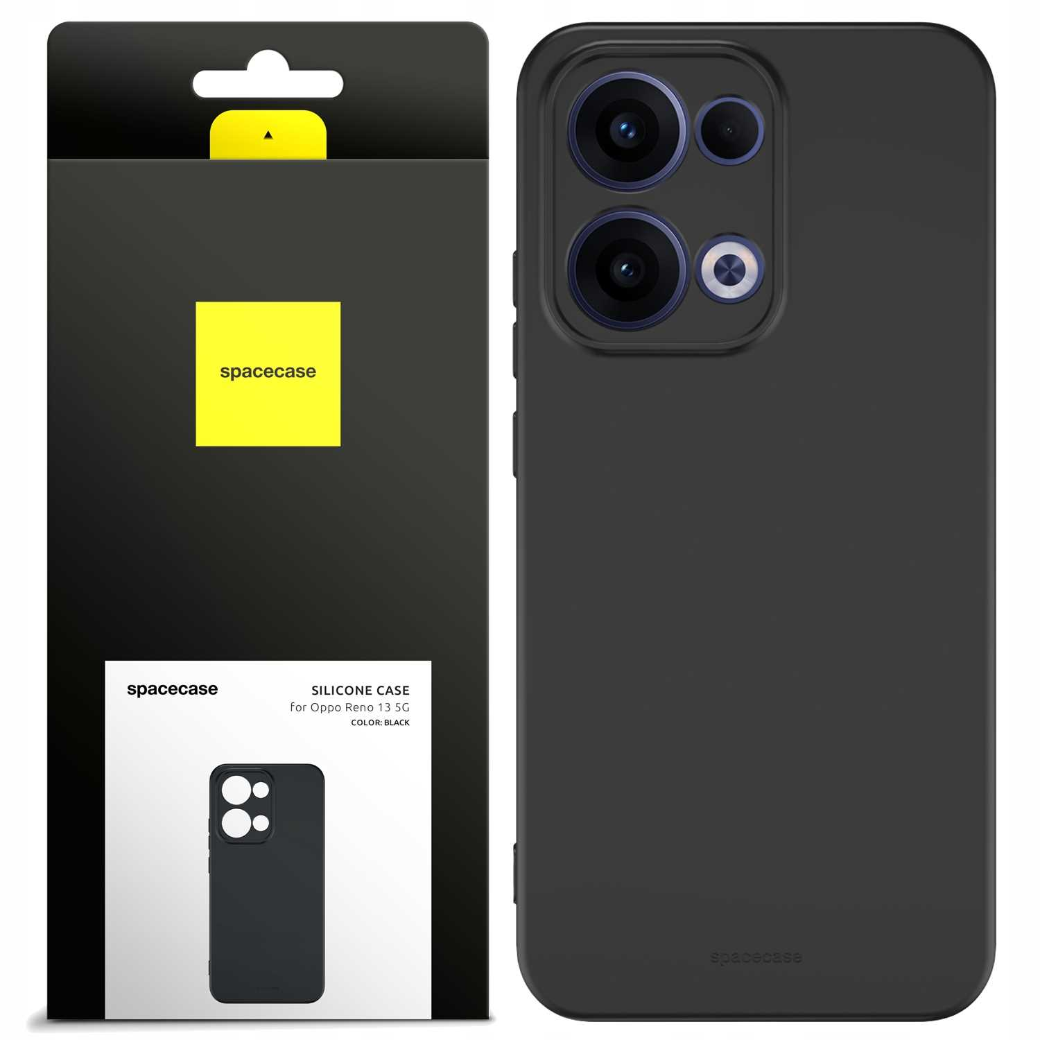 Czarne etui na telefon i opakowanie z logo 'spacecase', prezentujące otwory na aparat w etui.