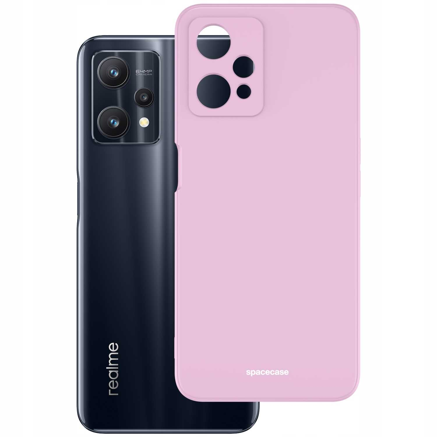 Różowe etui na telefon obok szarego telefonu Realme.