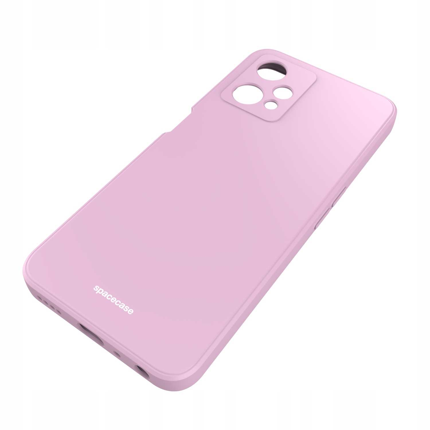 Jasnoróżowe etui na telefon ustawione pod kątem na białym tle, z kwadratowym modułem aparatu i logo 'spacecase' z boku.