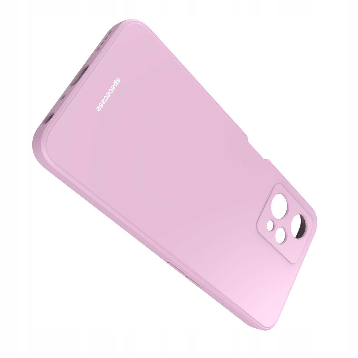 Jasnoróżowe etui na telefon ustawione pod kątem na białym tle, z kwadratowym modułem aparatu i logo 'spacecase' z boku.