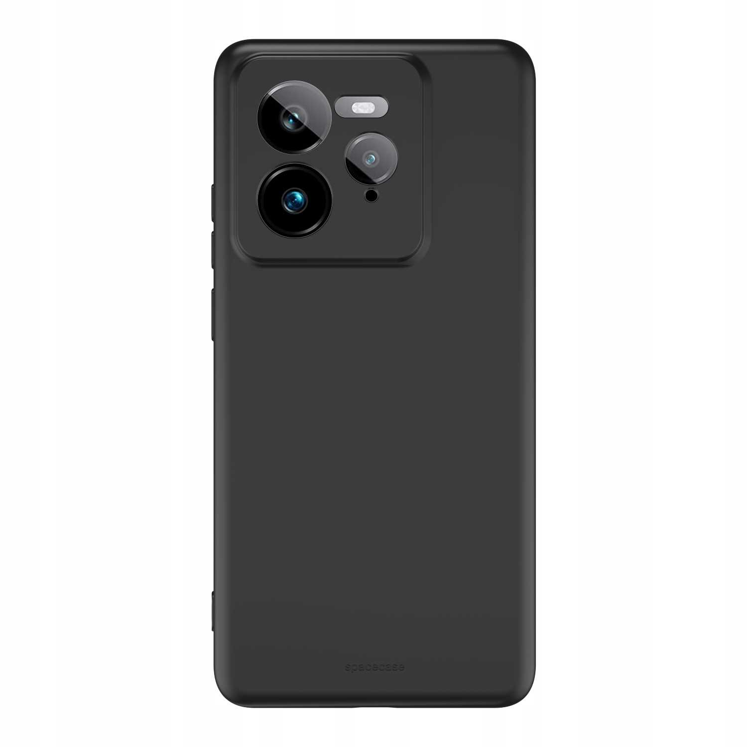 Czarne etui na telefon 'spacecase' z wycięciami na obiektywy aparatu, prezentowane pionowo na białym tle.