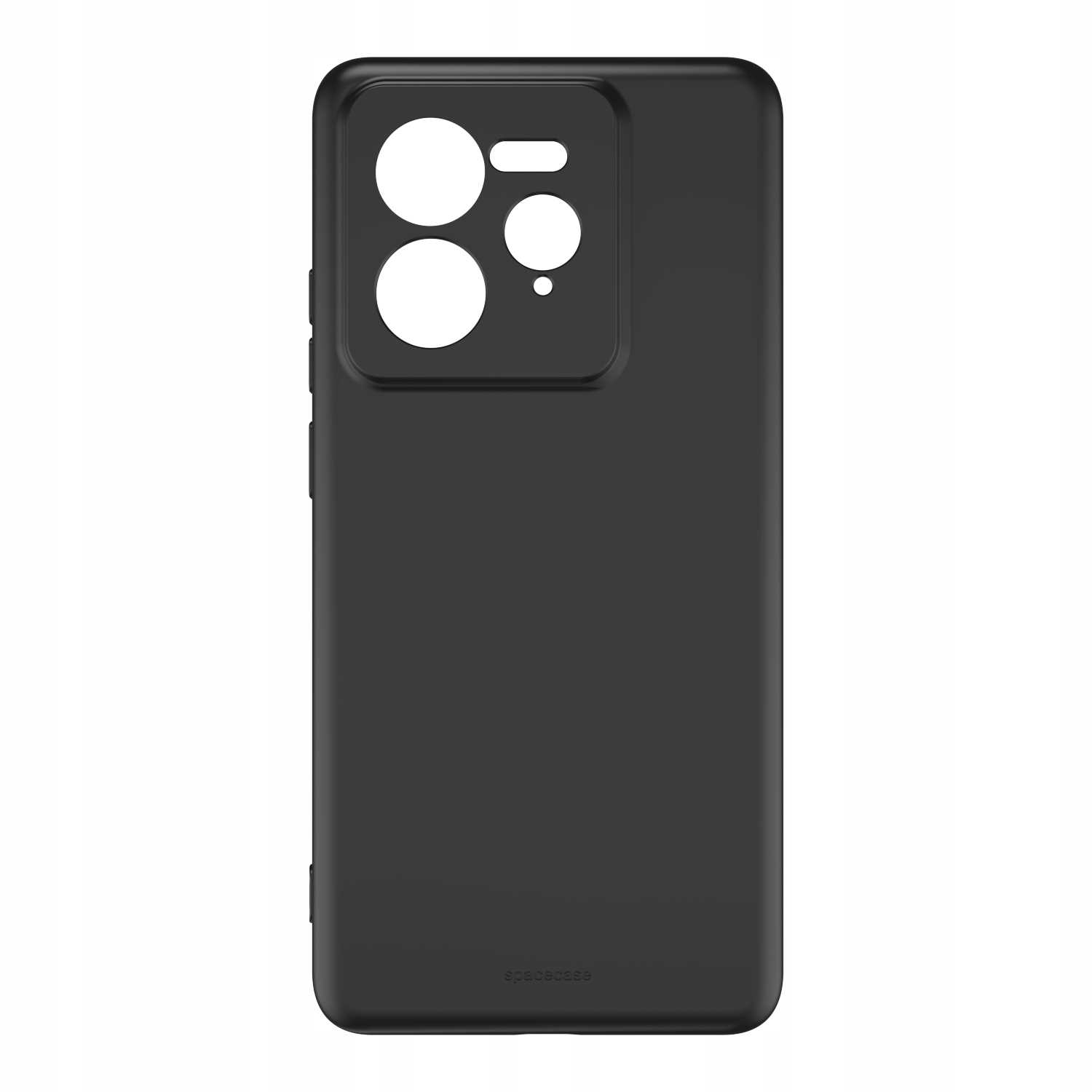 Czarne etui na telefon 'spacecase' z wycięciami na aparat, ustawione pionowo na białym tle.