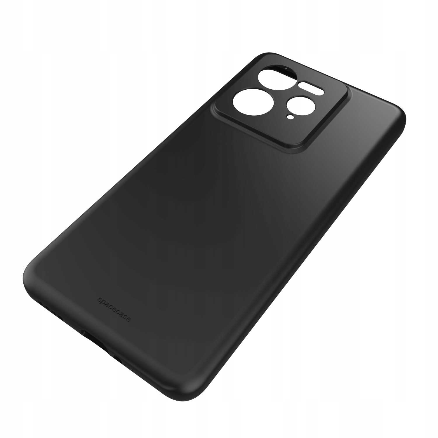 Czarne etui na telefon 'spacecase' z wycięciami na aparat, ustawione pod kątem na białym tle, prezentuje swój design.