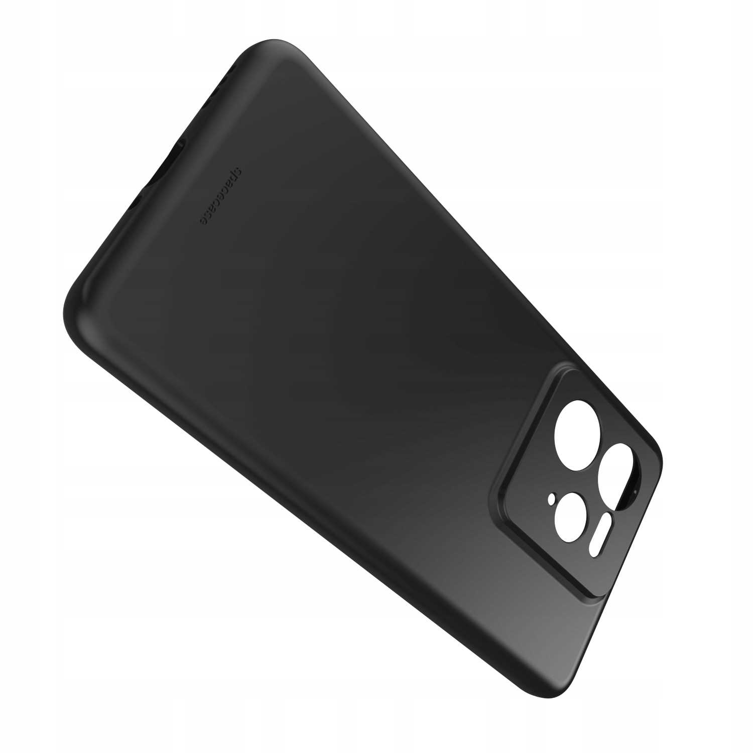 Czarny futerał na telefon pod kątem, widoczne otwory na aparat. Tekst 'spacecase' na górze.