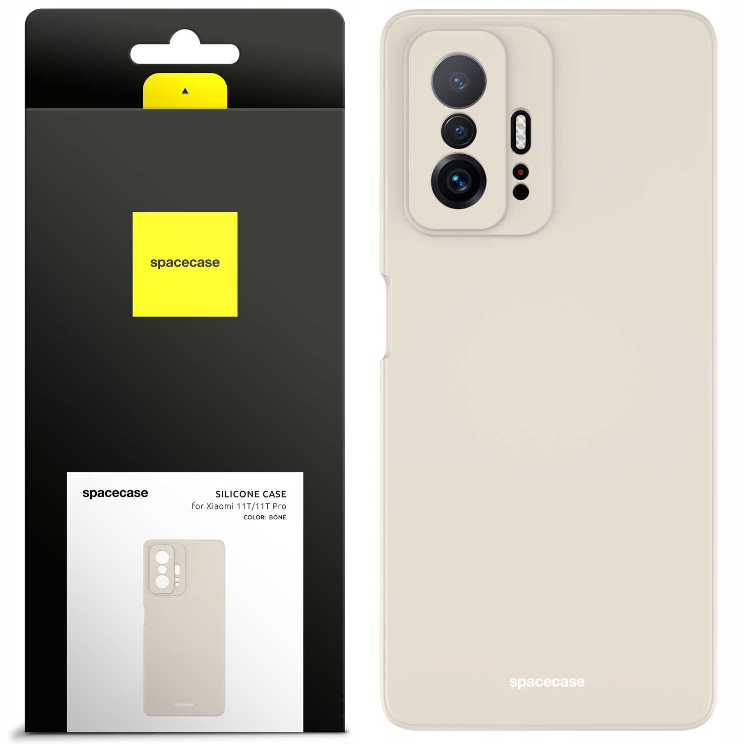 Opakowanie etui na telefon przedstawia silikonową osłonę w kolorze kości słoniowej do Xiaomi 11T/11T Pro, obok samego etui.