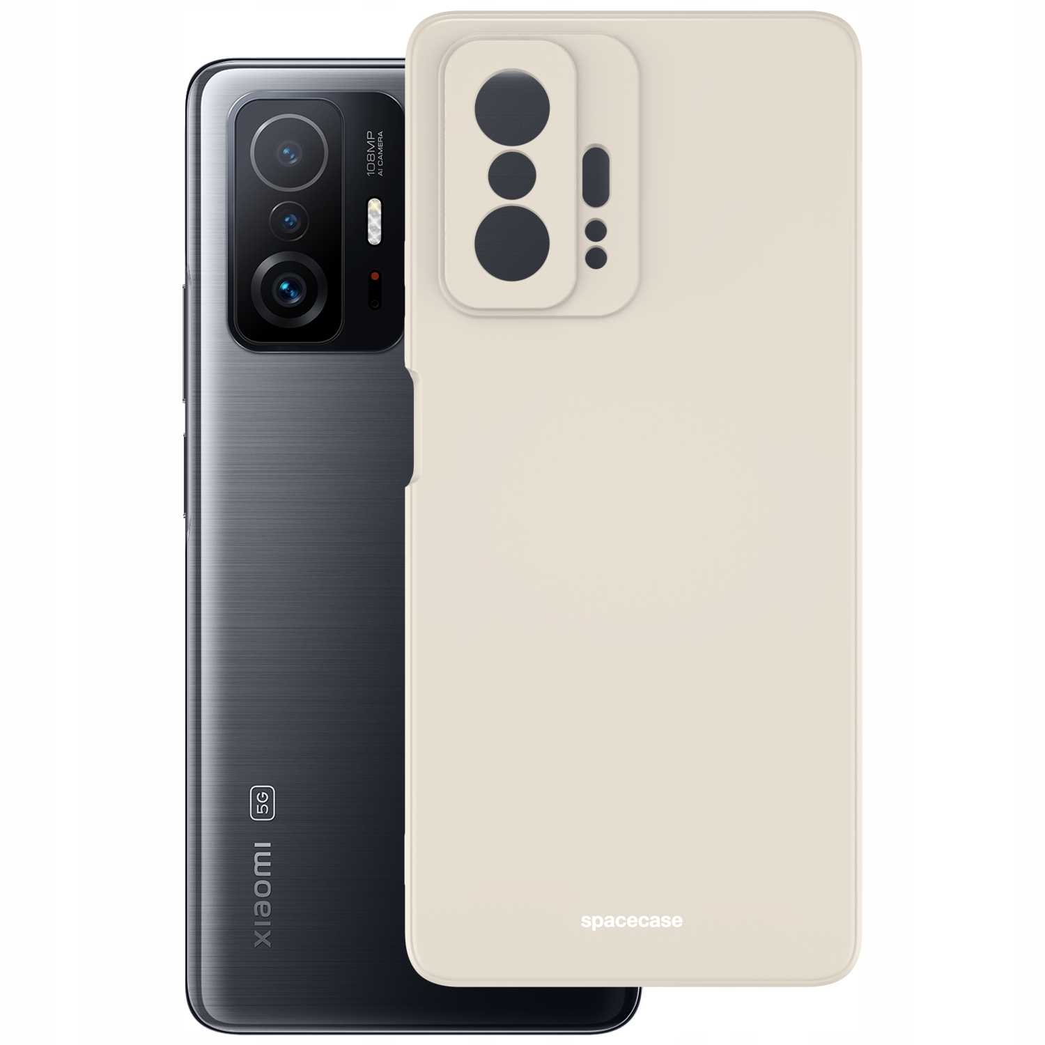 Telefon Xiaomi 11T Pro z silikonowym etui w kolorze kości słoniowej, prezentujący detale aparatu i elegancki wygląd.